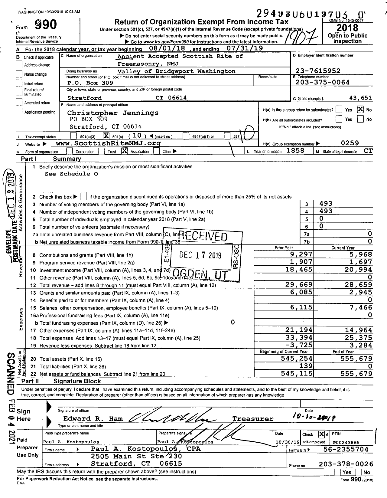 Image of first page of 2018 Form 990O for Scottish Rite, NMJ - Valley of Bridgeport Washington