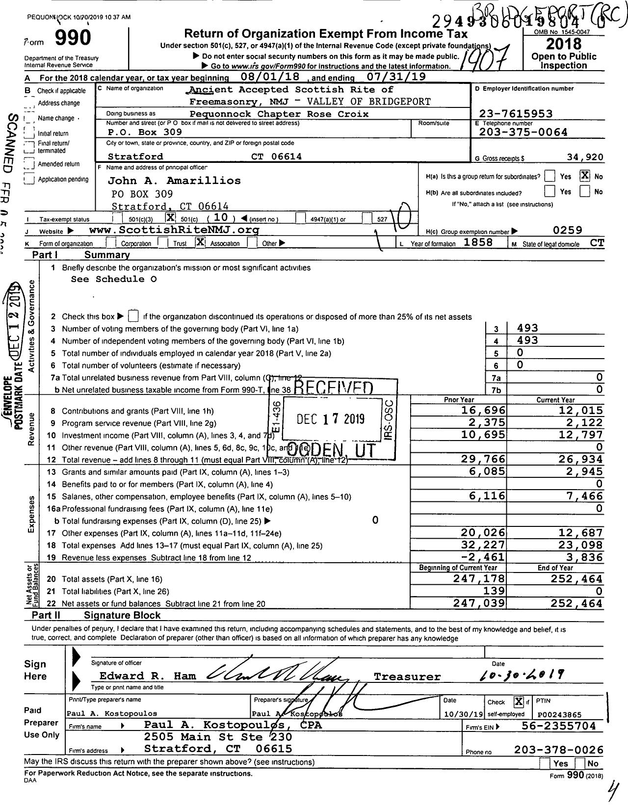 Image of first page of 2018 Form 990O for Scottish Rite, NMJ - Pequonnock Chapter Rose Croix