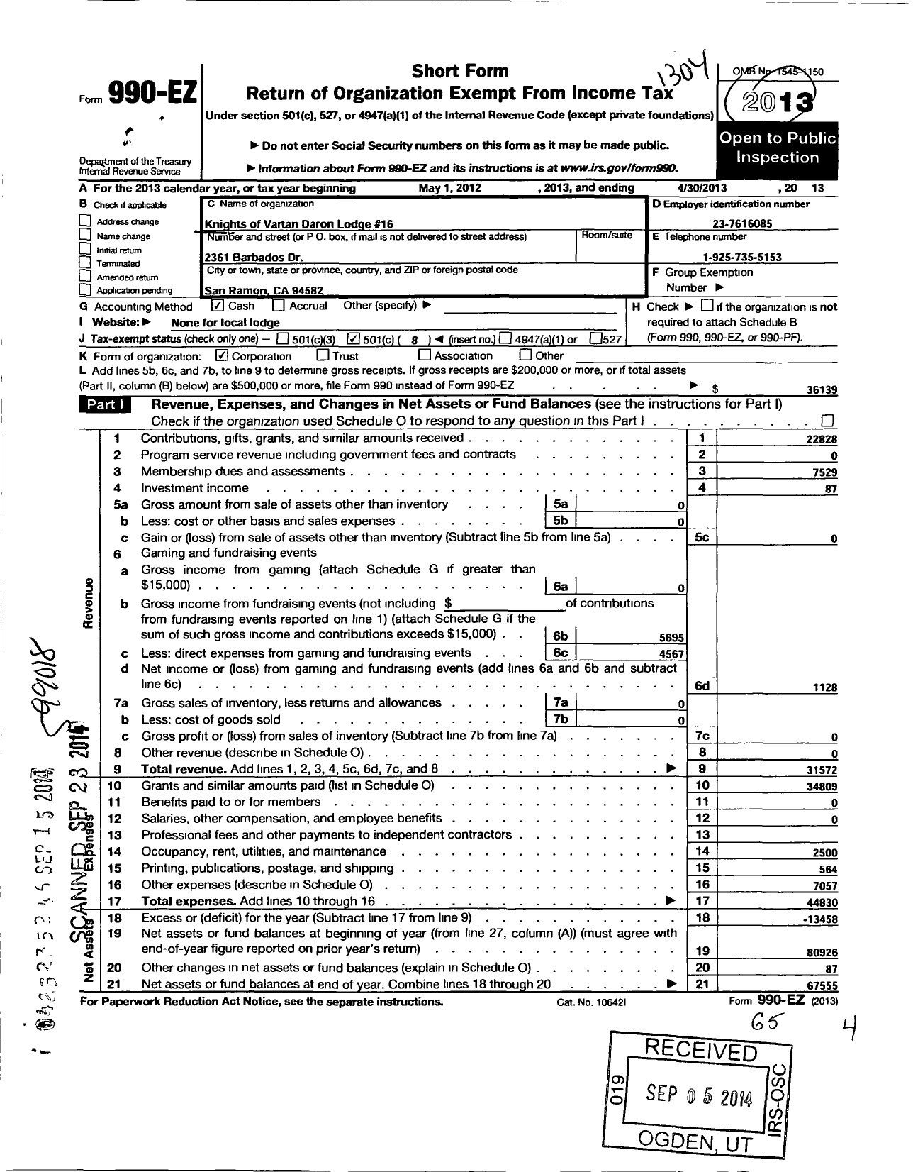 Image of first page of 2012 Form 990EO for Knights of Vartan - 16 Daron