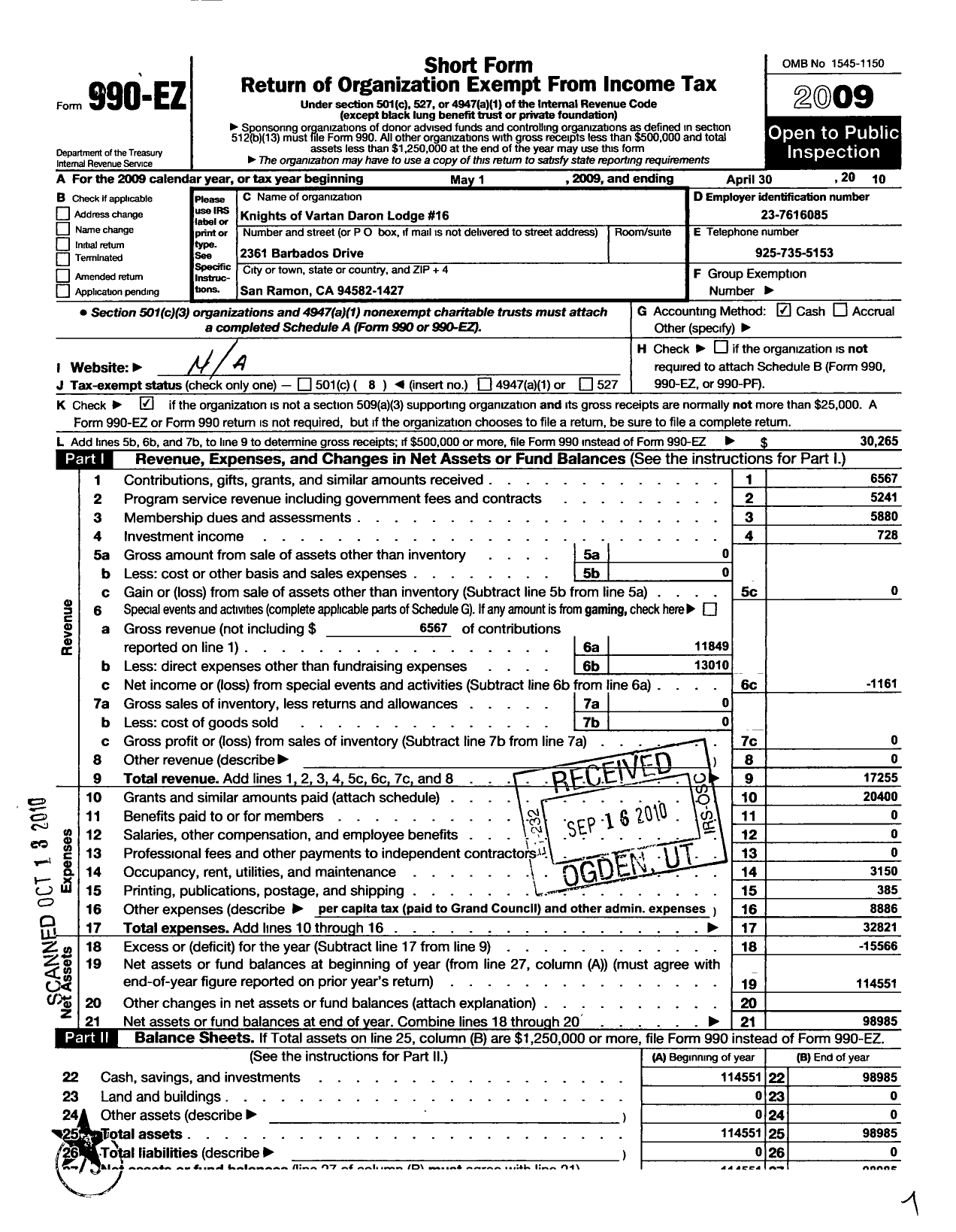 Image of first page of 2009 Form 990EO for Knights of Vartan - 16 Daron