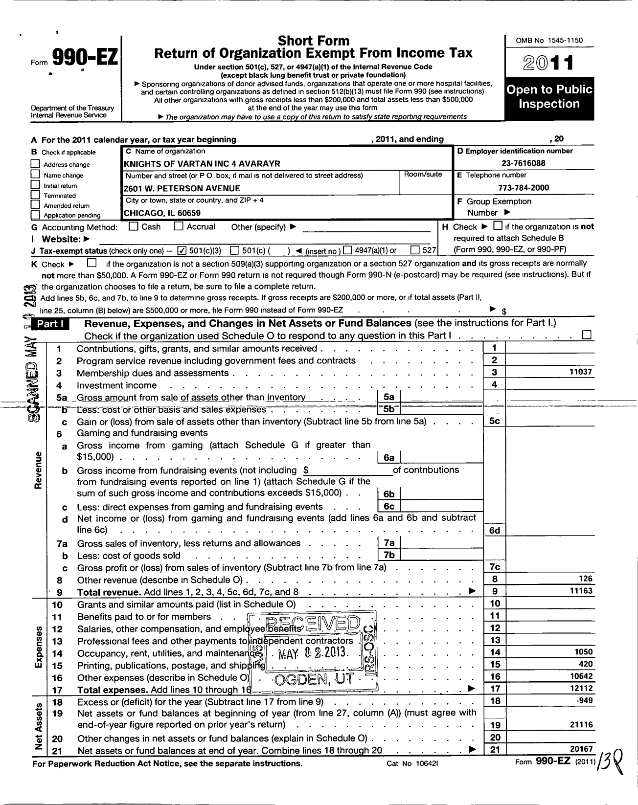 Image of first page of 2011 Form 990EZ for Knights of Vartan - 4 Avarayr Lodge