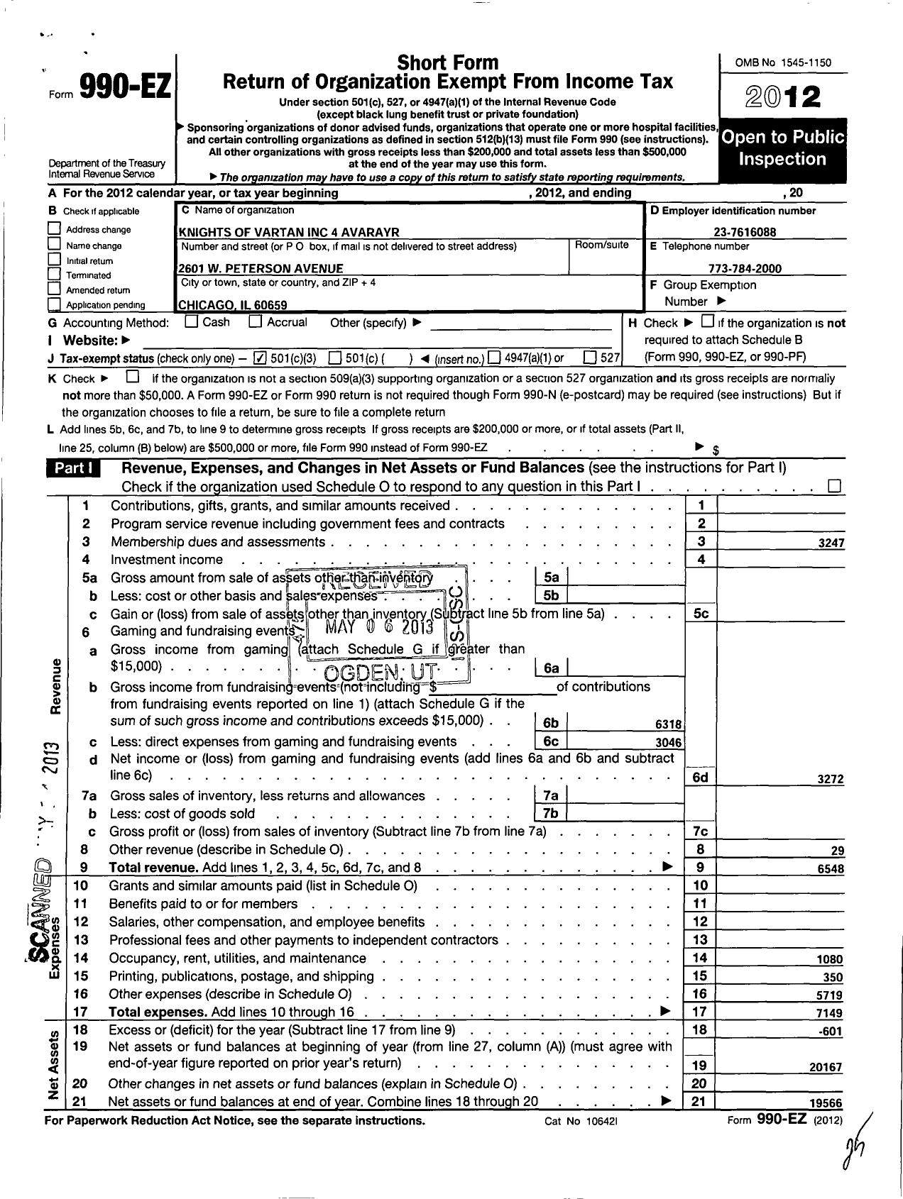 Image of first page of 2012 Form 990EZ for Knights of Vartan - 4 Avarayr Lodge