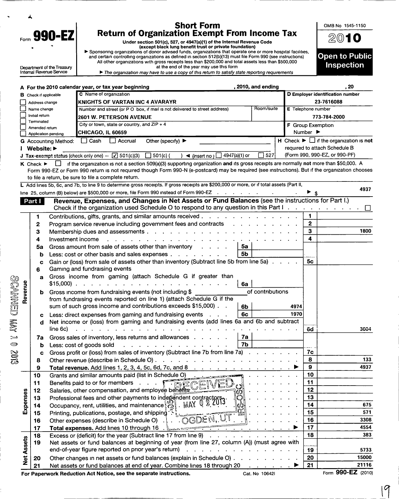 Image of first page of 2010 Form 990EZ for Knights of Vartan - 4 Avarayr Lodge