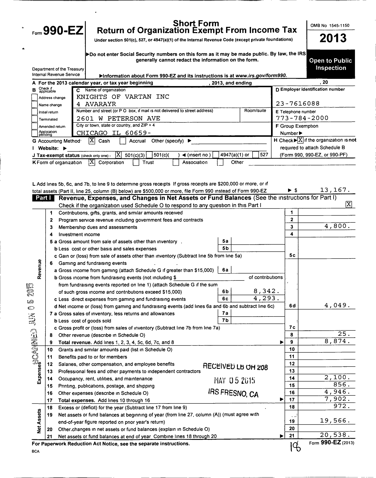 Image of first page of 2013 Form 990EZ for Knights of Vartan - 4 Avarayr Lodge