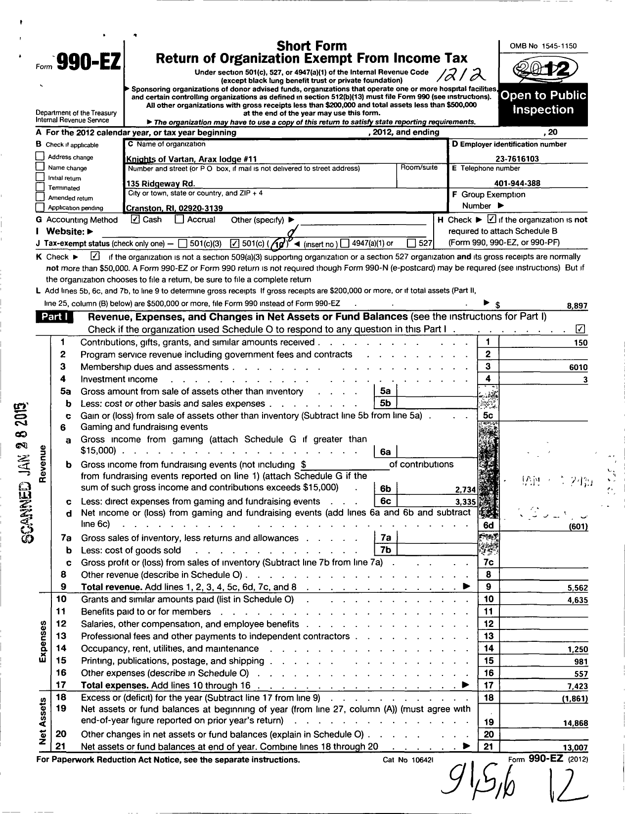 Image of first page of 2012 Form 990EO for Knights of Vartan - 11 Arax