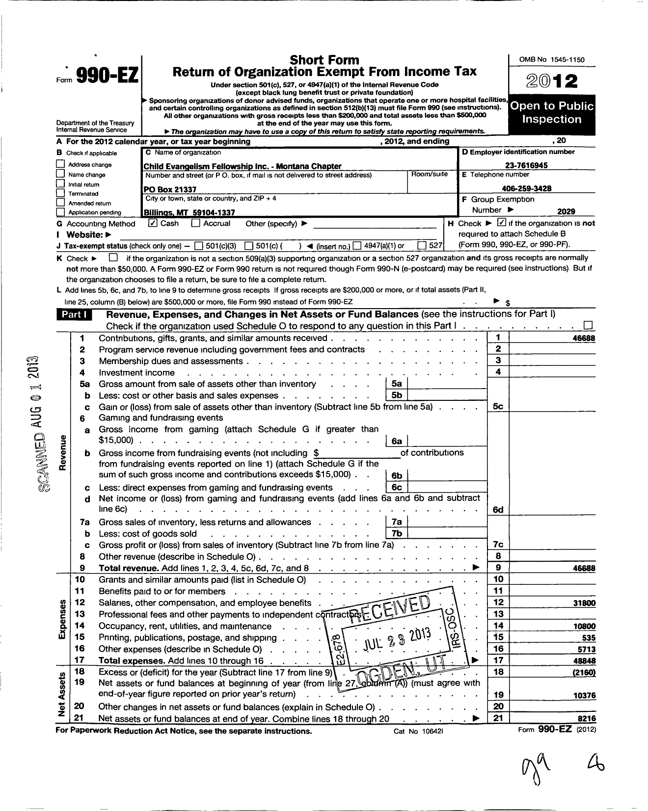 Image of first page of 2012 Form 990EO for Child Evangelism Fellowship - Montana Chapter