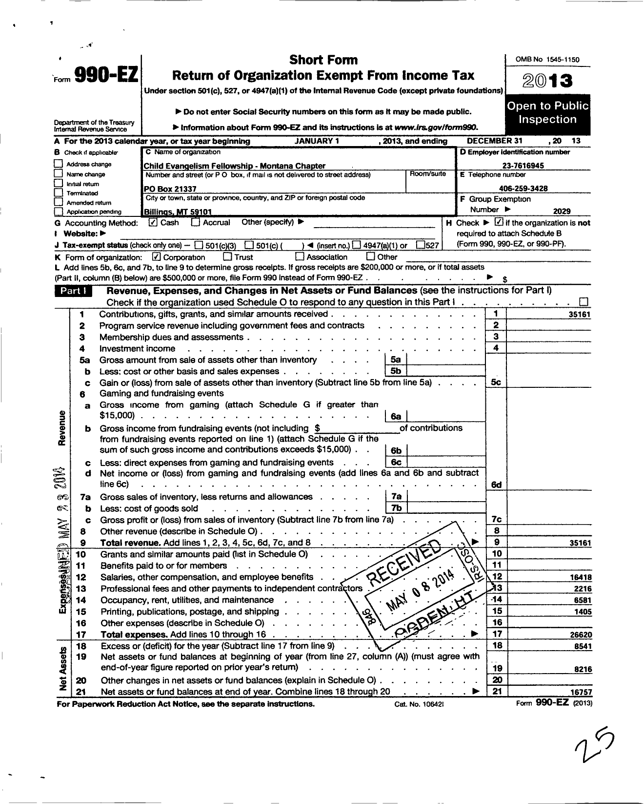 Image of first page of 2013 Form 990EO for Child Evangelism Fellowship - Montana Chapter