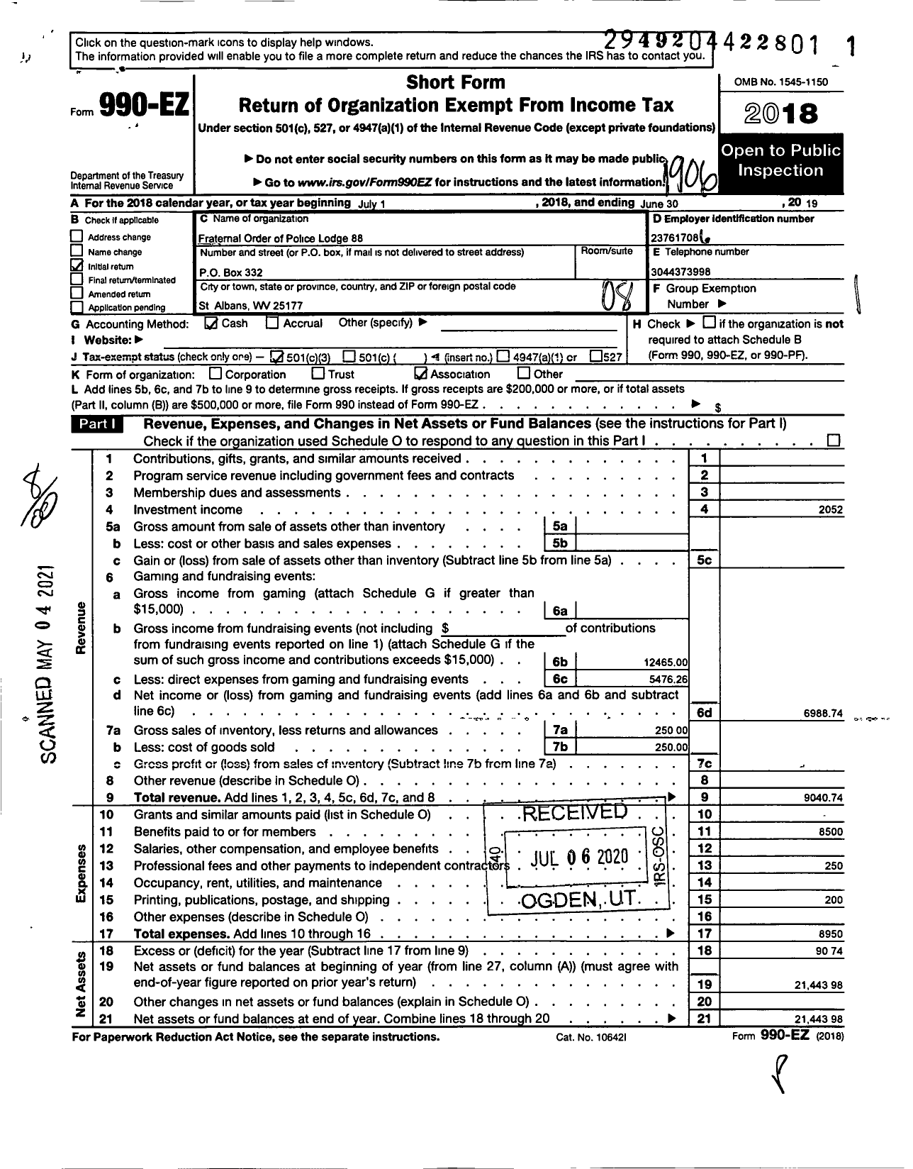 Image of first page of 2018 Form 990EO for Fraternal Order of Police - 88 St Albans Lodge