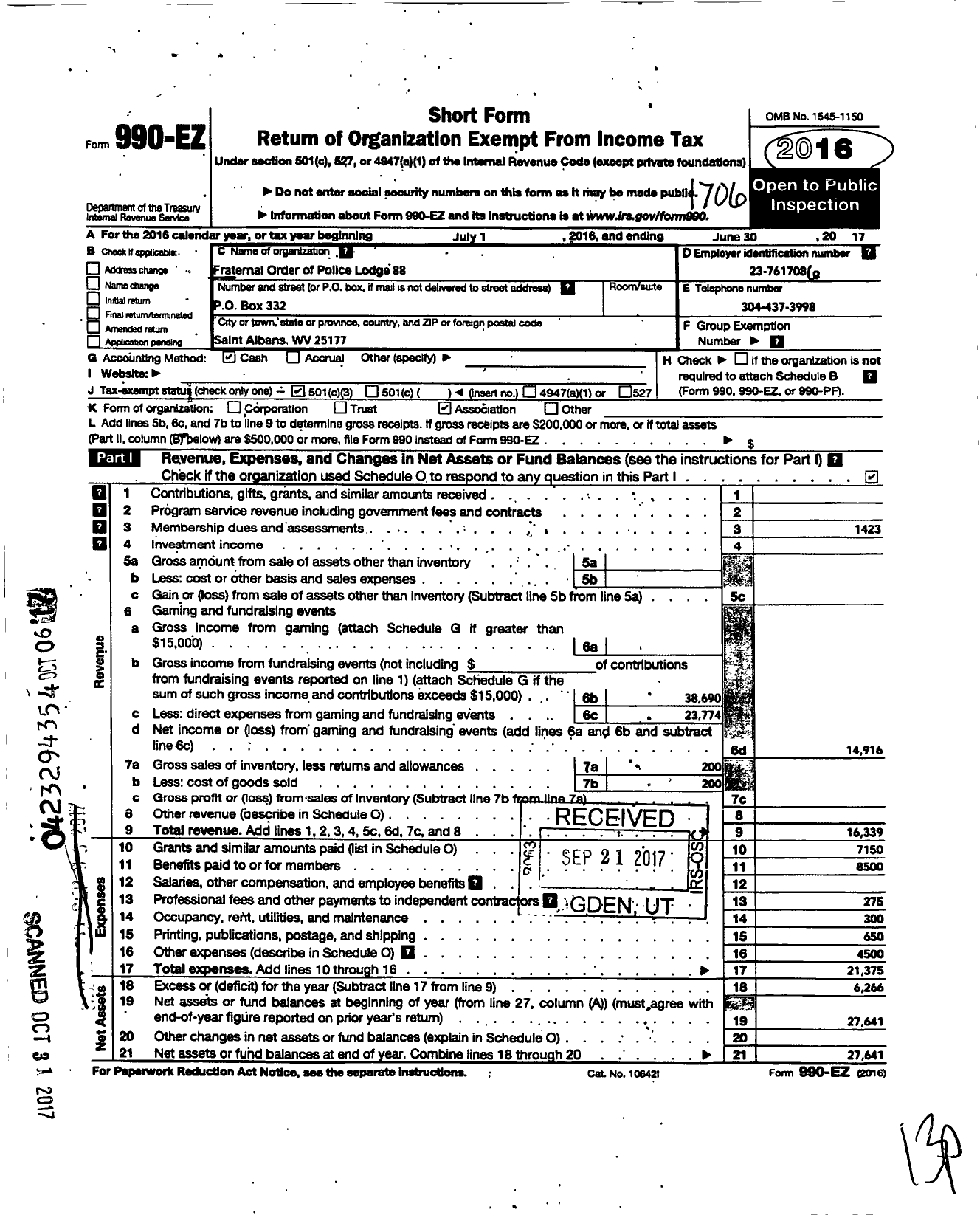 Image of first page of 2016 Form 990EZ for Fraternal Order of Police - 88 St Albans Lodge