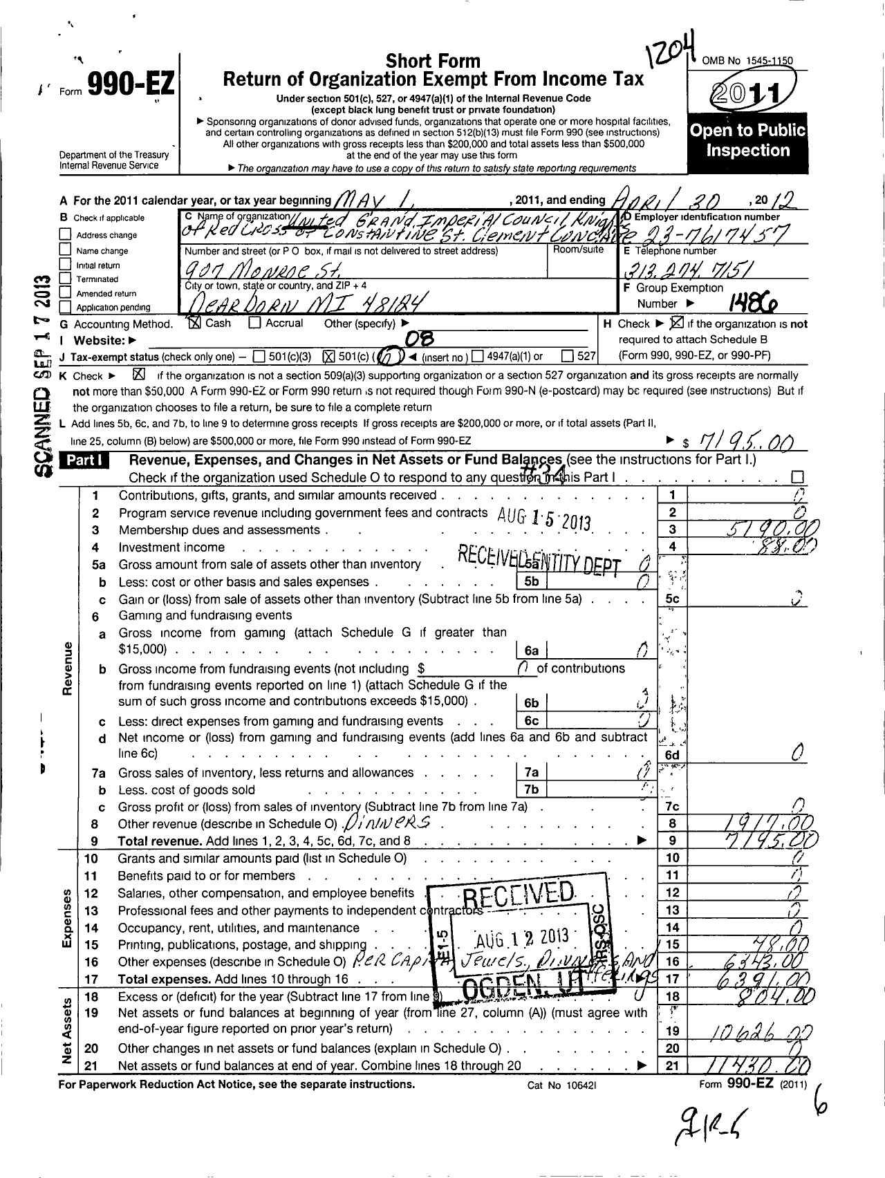 Image of first page of 2011 Form 990EO for United Grand Imperial Coun Knights of Red Cross of Constantine / St Clement Conclave