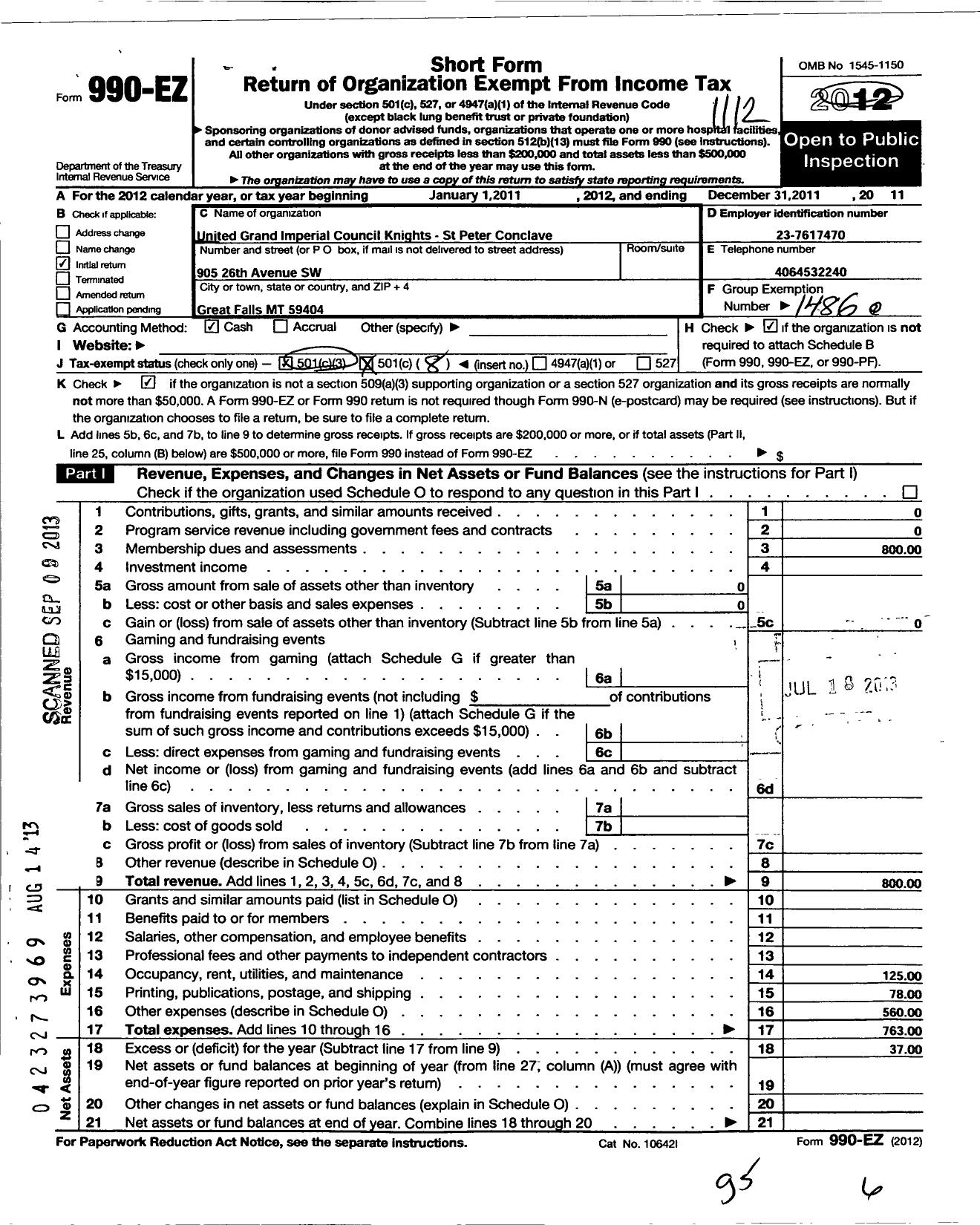 Image of first page of 2011 Form 990EO for United Grand Imperial Coun Knights of Red Cross of Constantine / St Peter Conclave