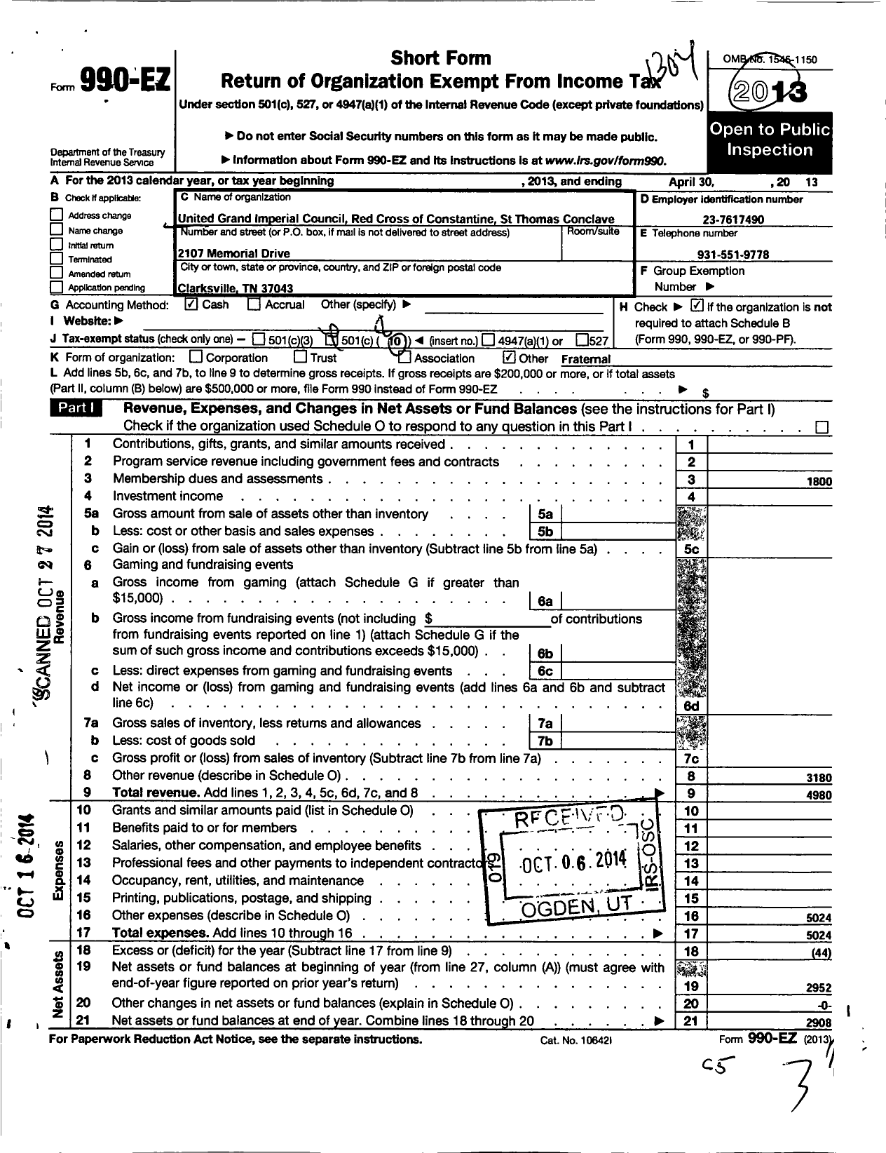 Image of first page of 2012 Form 990EO for United Grand Imperial Coun Knights of Red Cross of Constantine / St Thomas Conclave