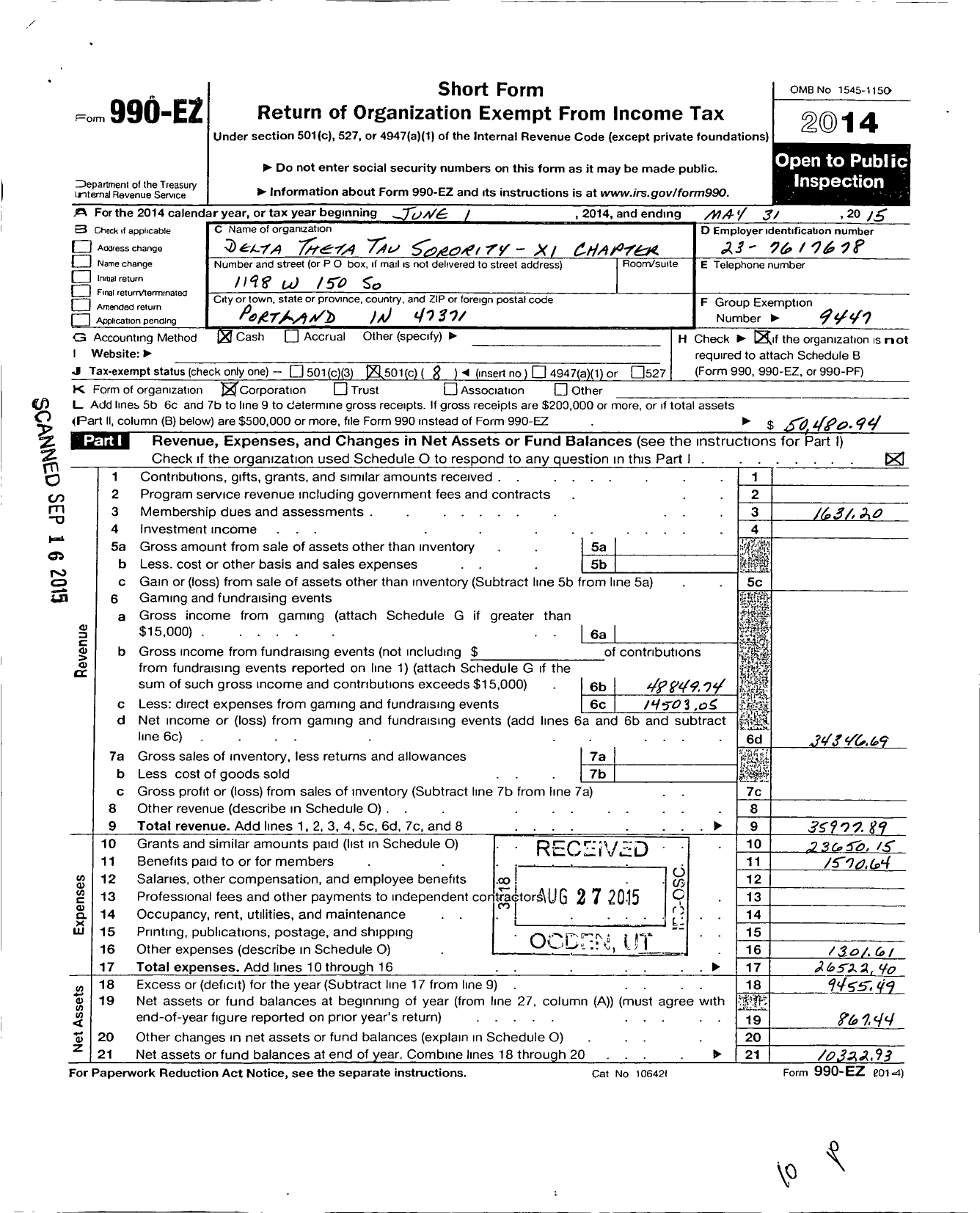 Image of first page of 2014 Form 990EO for Delta Theta Tau Sorority / Xi Chapter