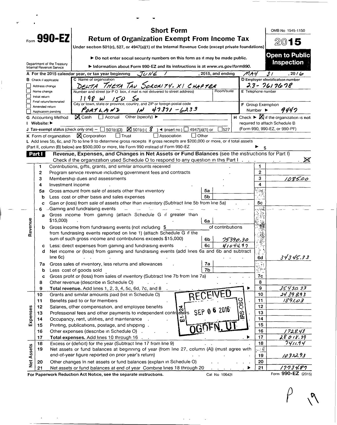 Image of first page of 2015 Form 990EO for Delta Theta Tau Sorority / Xi Chapter