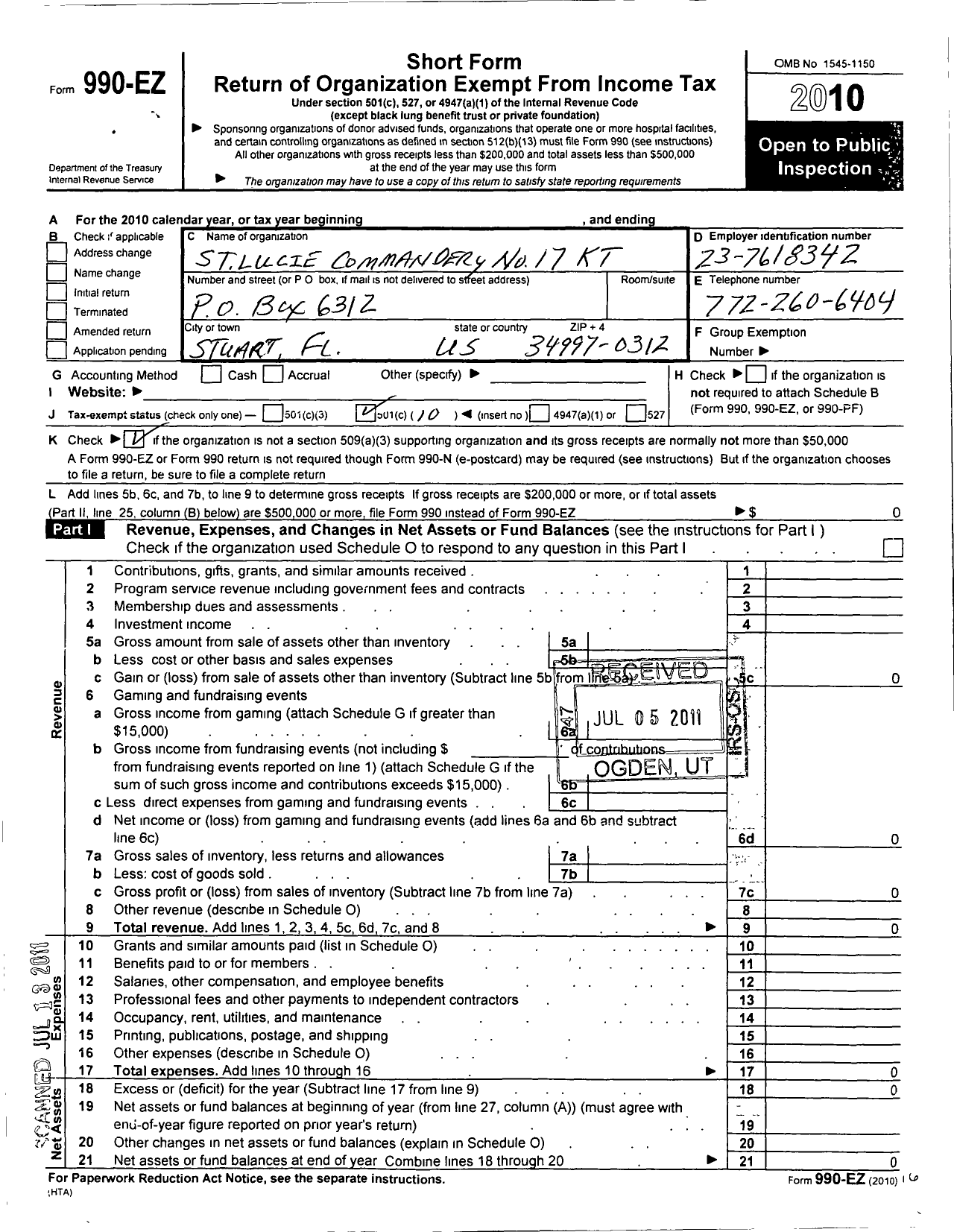 Image of first page of 2010 Form 990EO for Knights Templar - 17 St Lucie Commandery