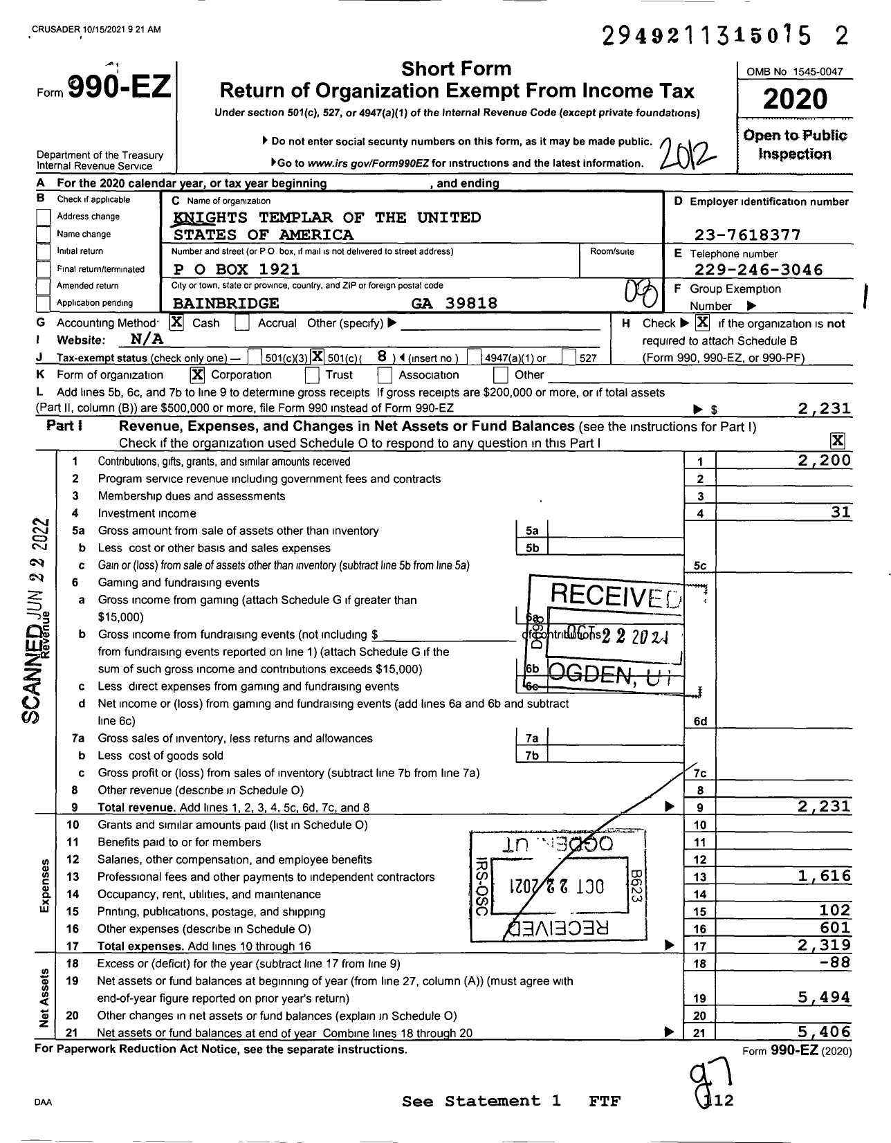 Image of first page of 2020 Form 990EO for Knights Templar - 17 Crusader Commandery