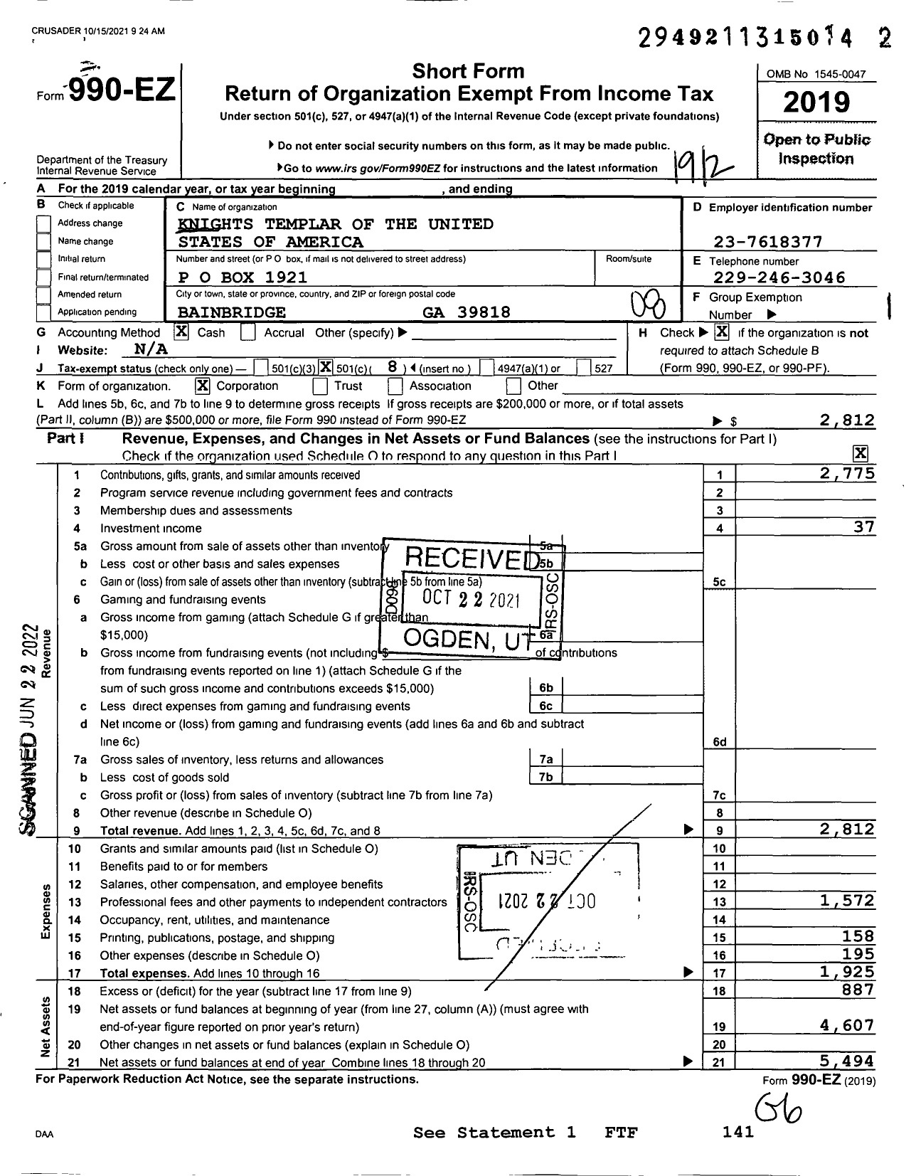 Image of first page of 2019 Form 990EO for Knights Templar - 17 Crusader Commandery