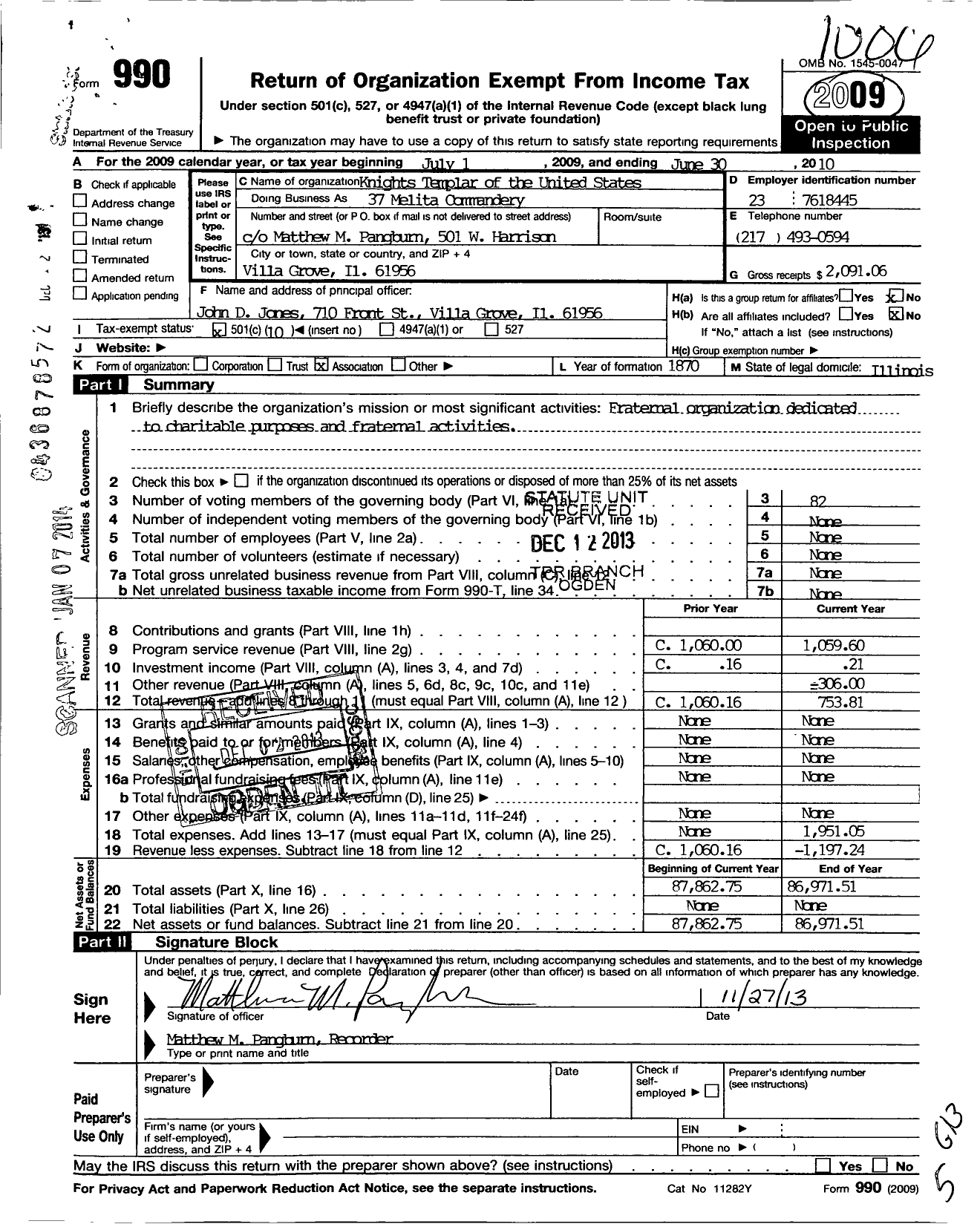 Image of first page of 2009 Form 990O for Knights Templar of the United States of America / 37 Melita Commandery