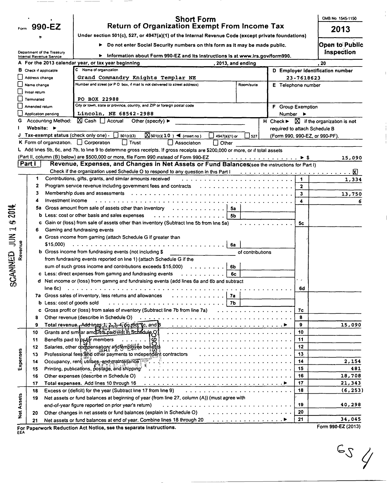 Image of first page of 2013 Form 990EO for Knights Templar - Grand Commandery of Nebraska