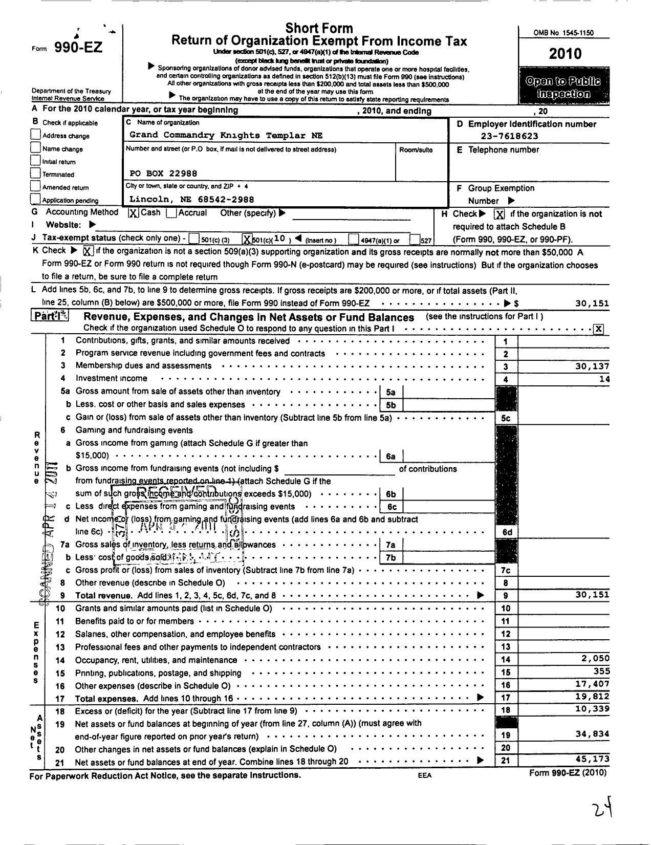 Image of first page of 2010 Form 990EO for Knights Templar - Grand Commandery of Nebraska