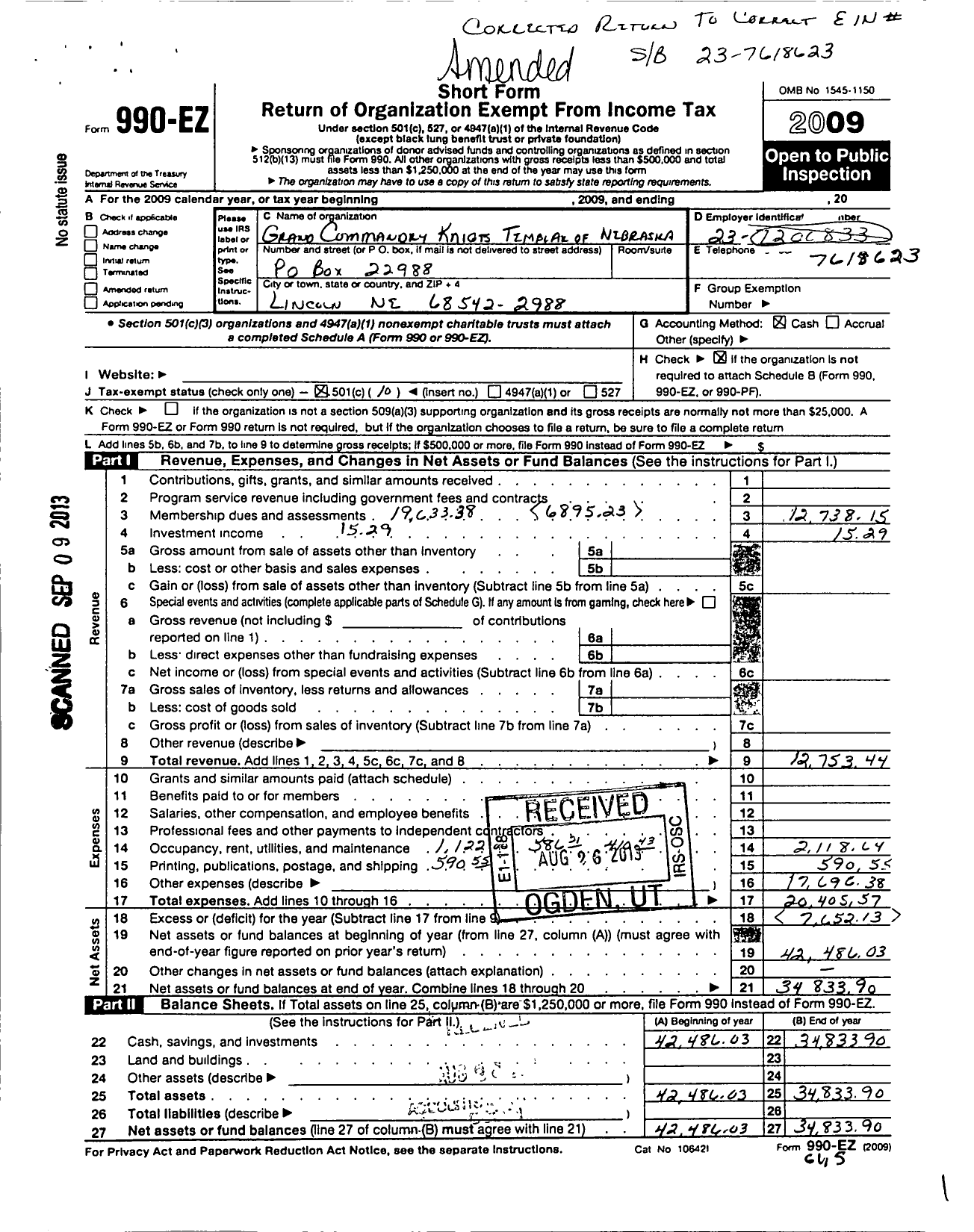 Image of first page of 2009 Form 990EO for Knights Templar - Grand Commandery of Nebraska