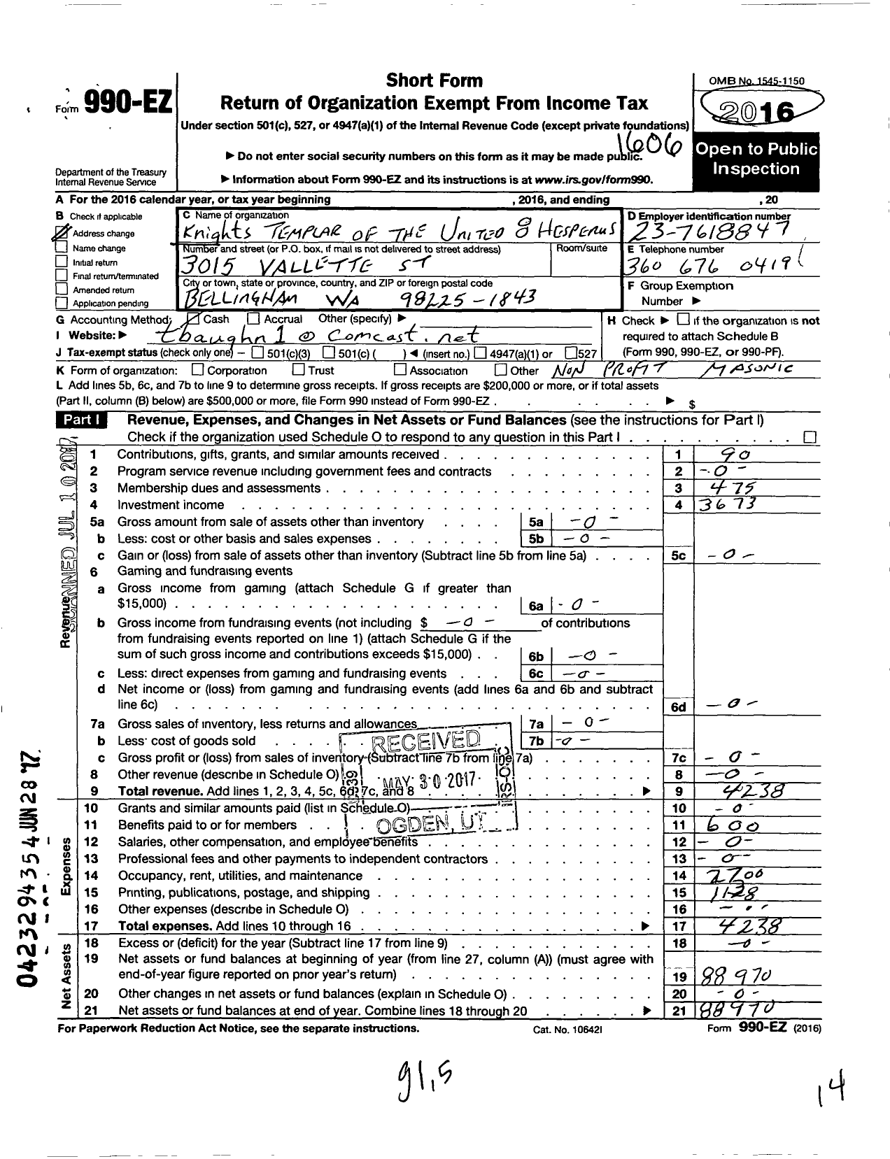 Image of first page of 2015 Form 990EO for Knights Templar - 8 Hesperus Commandery