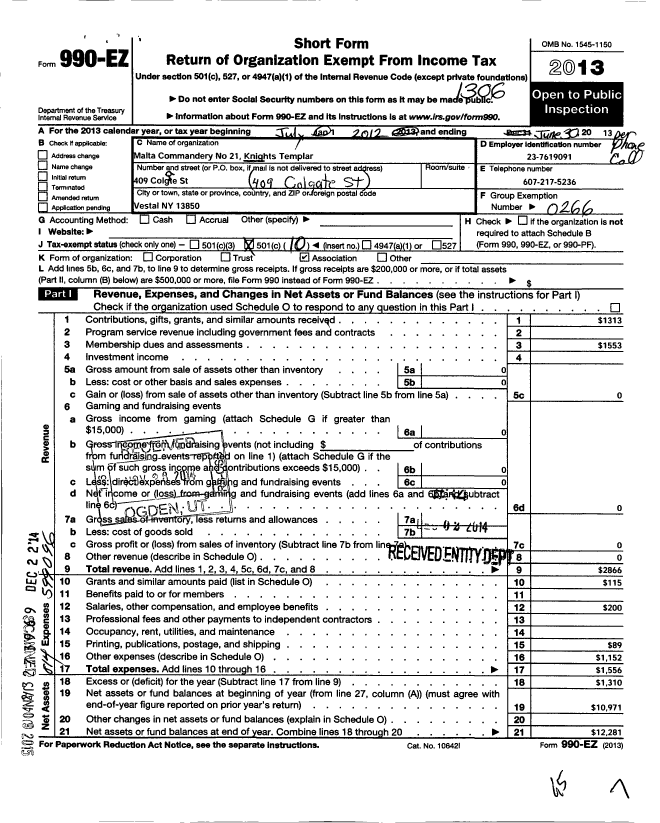 Image of first page of 2012 Form 990EO for Knights Templar - 21 Malta Commandery