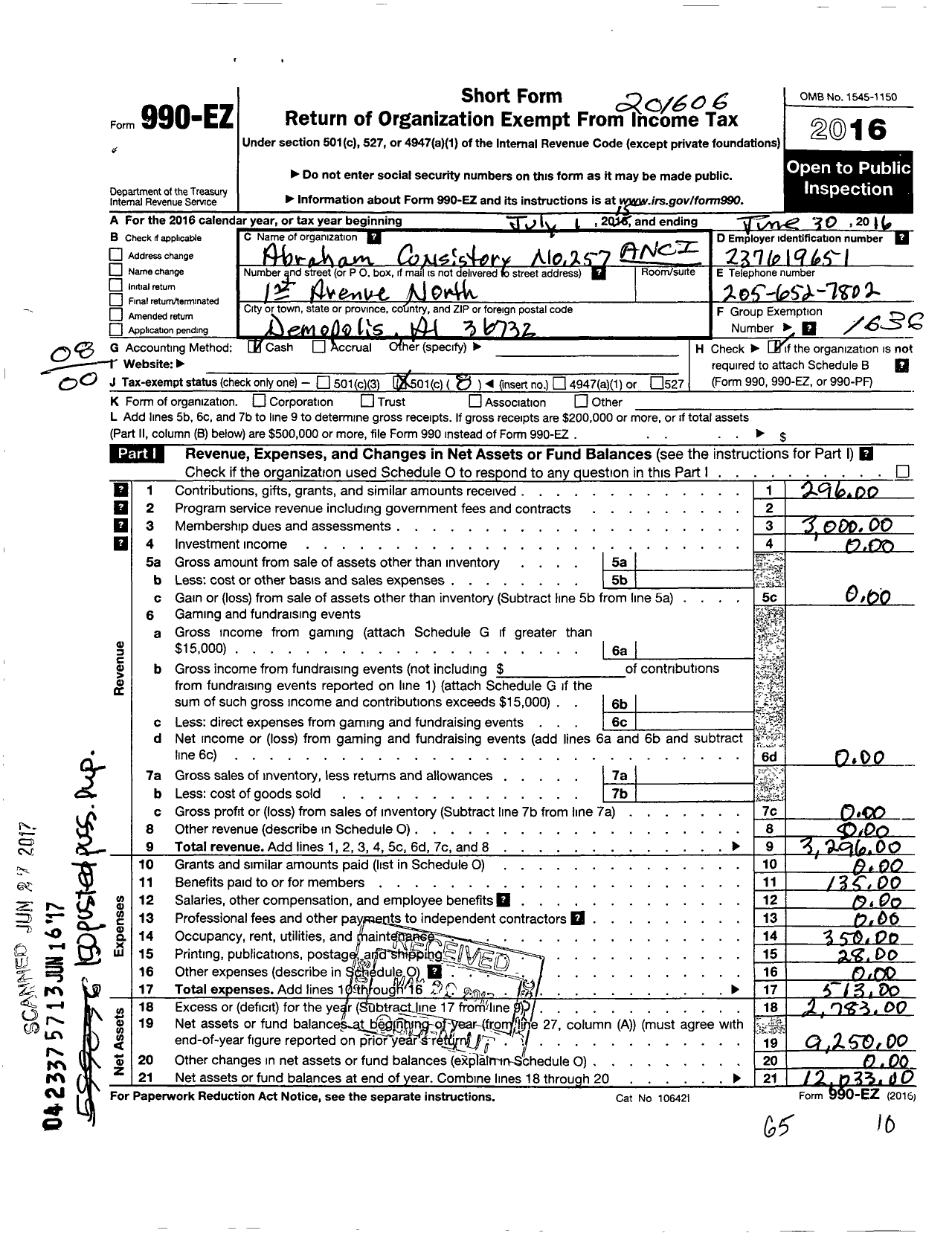 Image of first page of 2015 Form 990EO for Ancient and Accepted Scottish Rite of Free Masonry - 257 Abraham Consistory