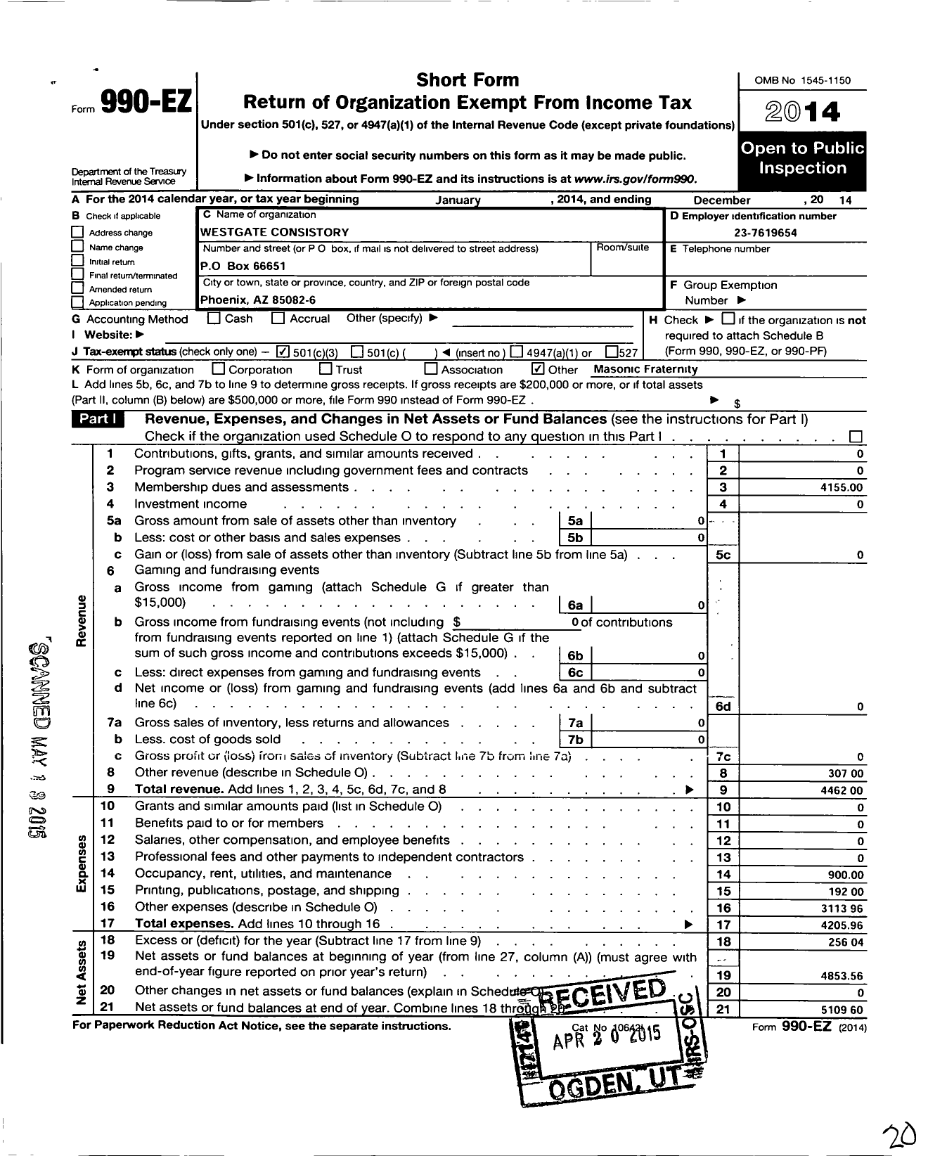 Image of first page of 2014 Form 990EZ for Ancient and Accepted Scottish Rite of Free Masonry - 020 West Gate