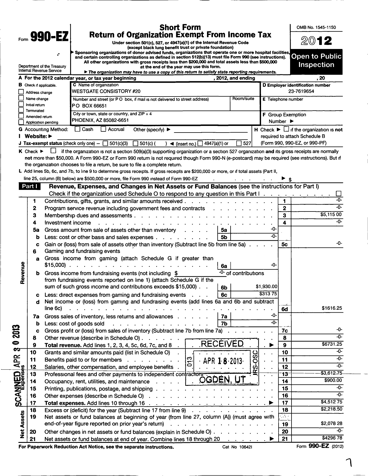 Image of first page of 2012 Form 990EO for Ancient and Accepted Scottish Rite of Free Masonry - 020 West Gate