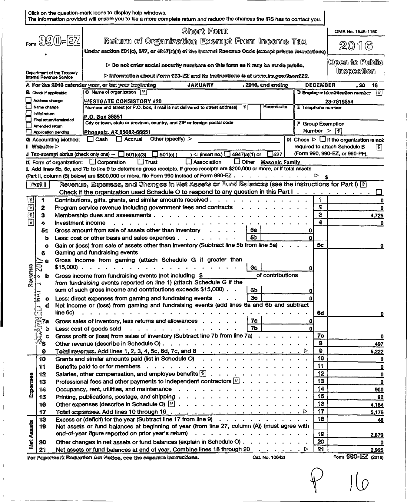 Image of first page of 2016 Form 990EO for Ancient and Accepted Scottish Rite of Free Masonry - 020 West Gate