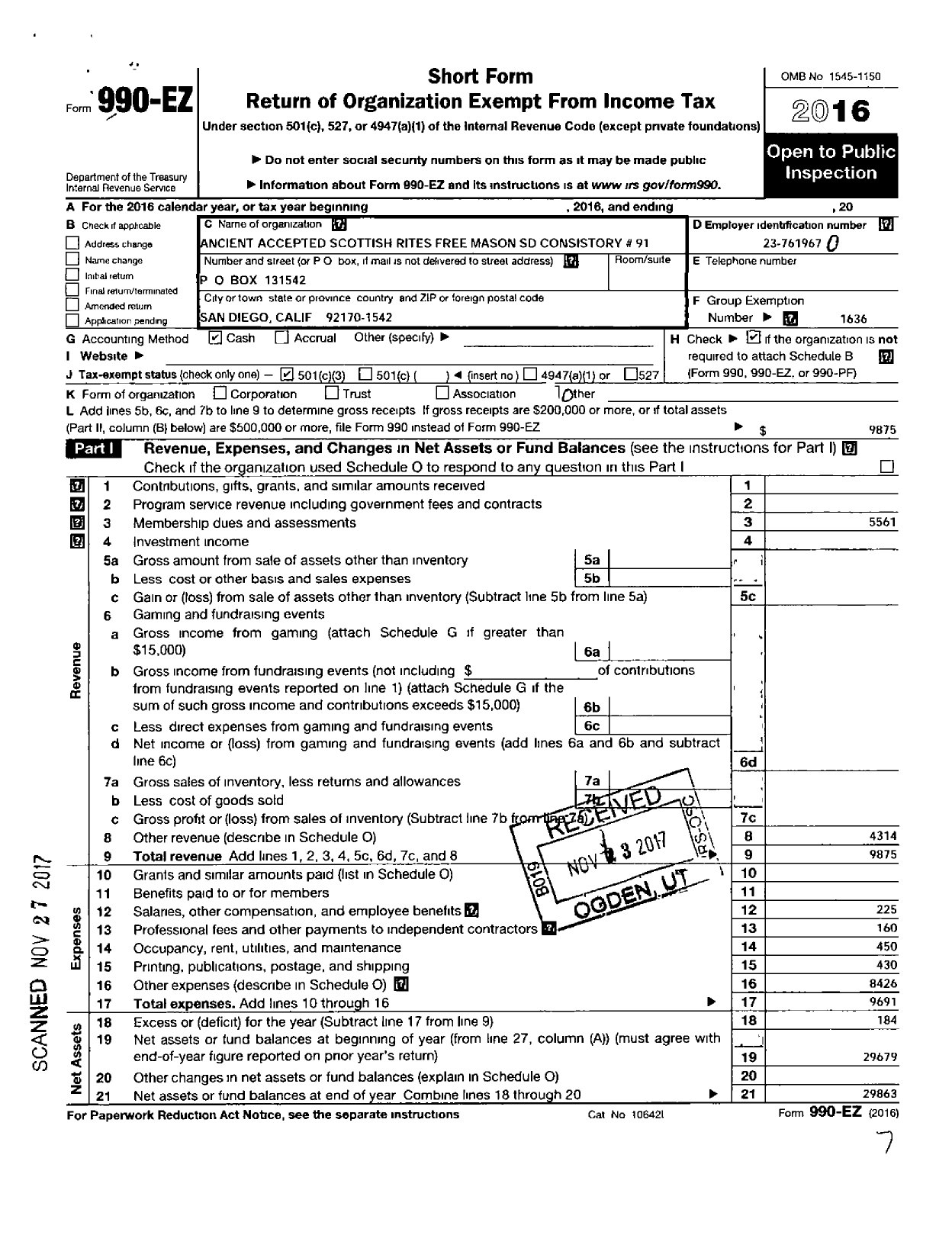 Image of first page of 2016 Form 990EZ for Ancient and Accepted Scottish Rite of Free Masonry Southern - 91 San Diego