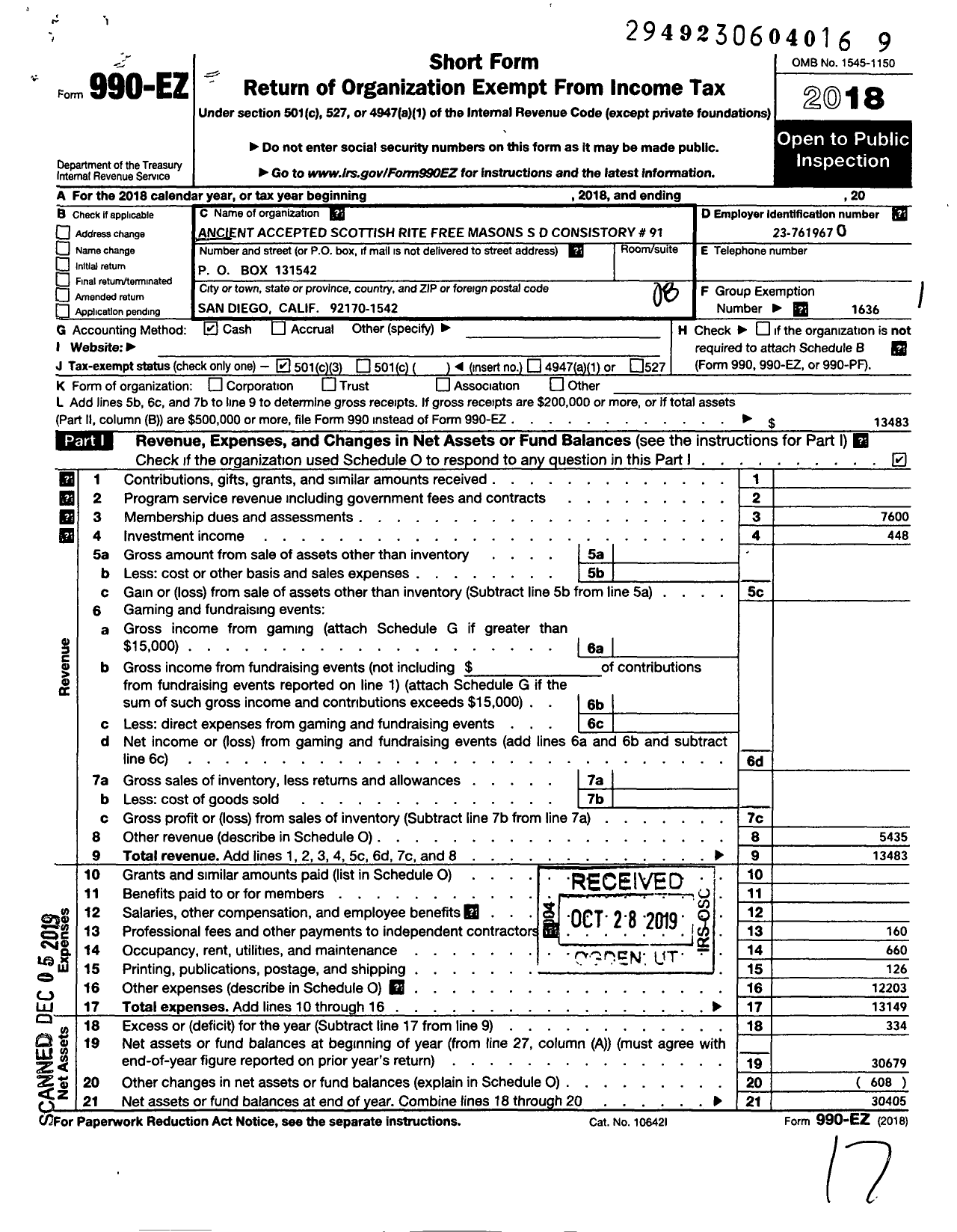 Image of first page of 2018 Form 990EO for Ancient and Accepted Scottish Rite of Free Masonry Southern - 91 San Diego