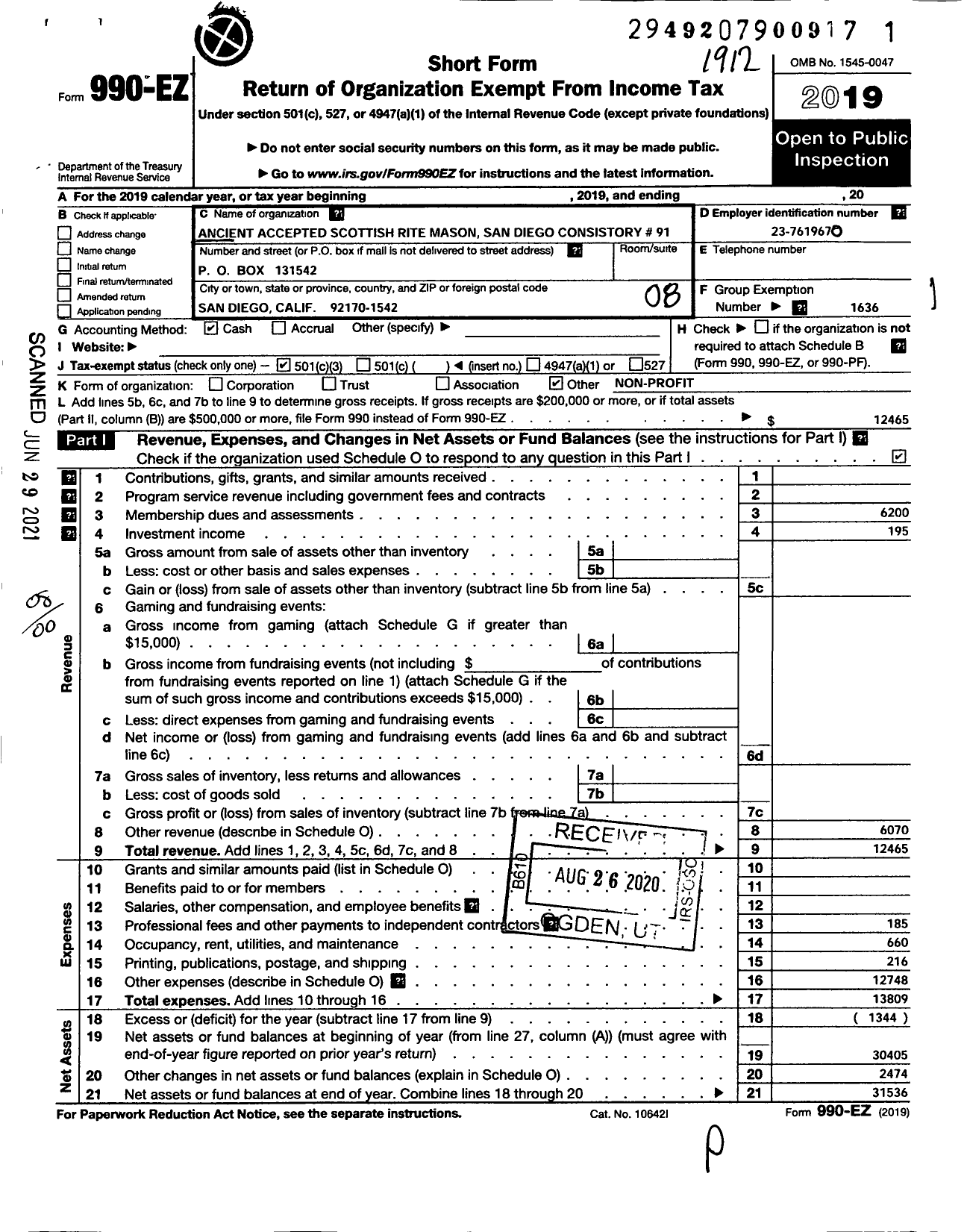 Image of first page of 2019 Form 990EO for Ancient and Accepted Scottish Rite of Free Masonry Southern - 91 San Diego