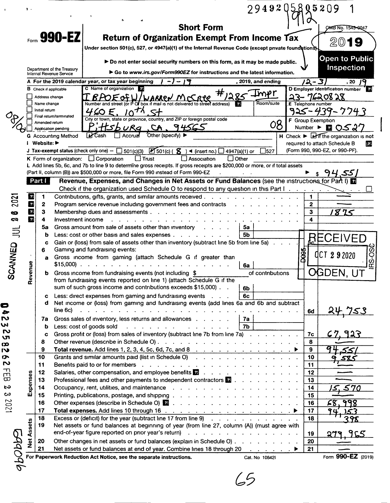 Image of first page of 2019 Form 990EO for Improved Benevolent and Protective Order of Elks of the World - 1285 Warren McCree Lodge