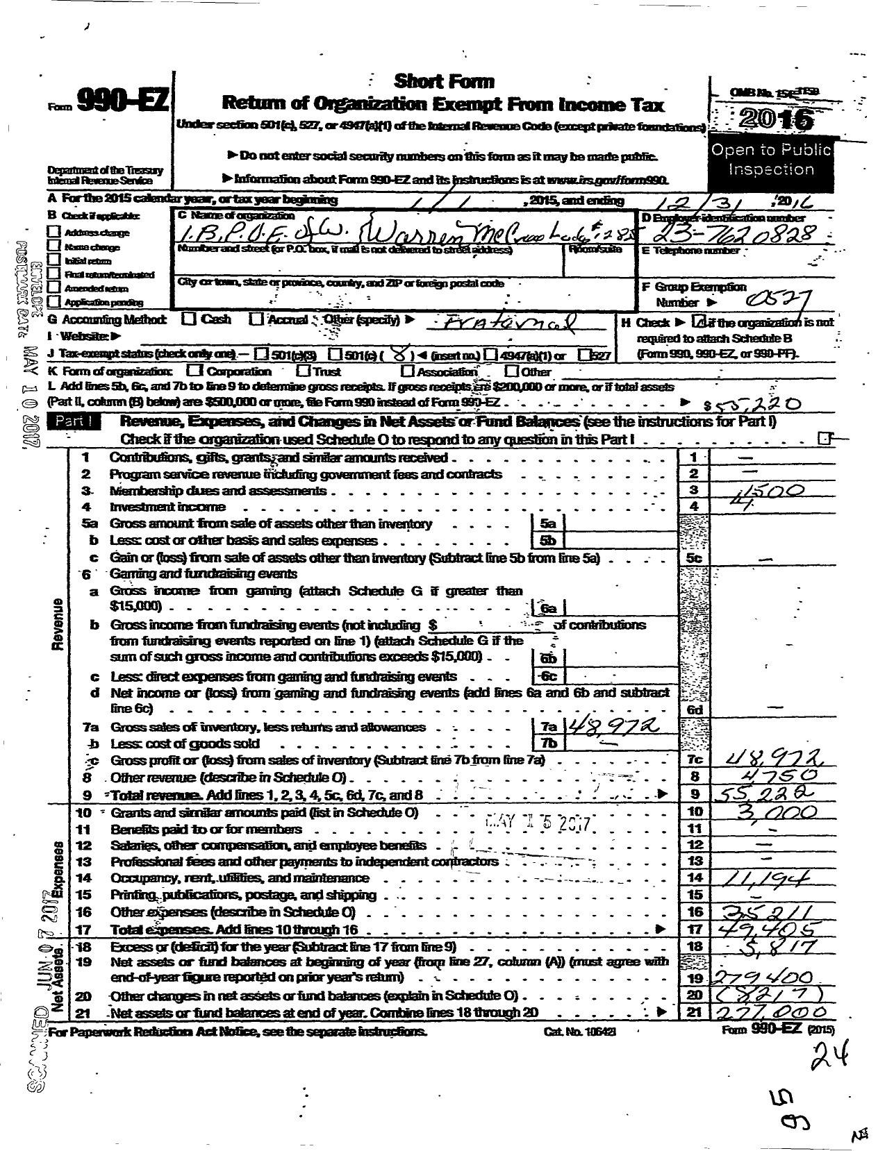 Image of first page of 2016 Form 990EO for Improved Benevolent and Protective Order of Elks of the World - 1285 Warren McCree Lodge