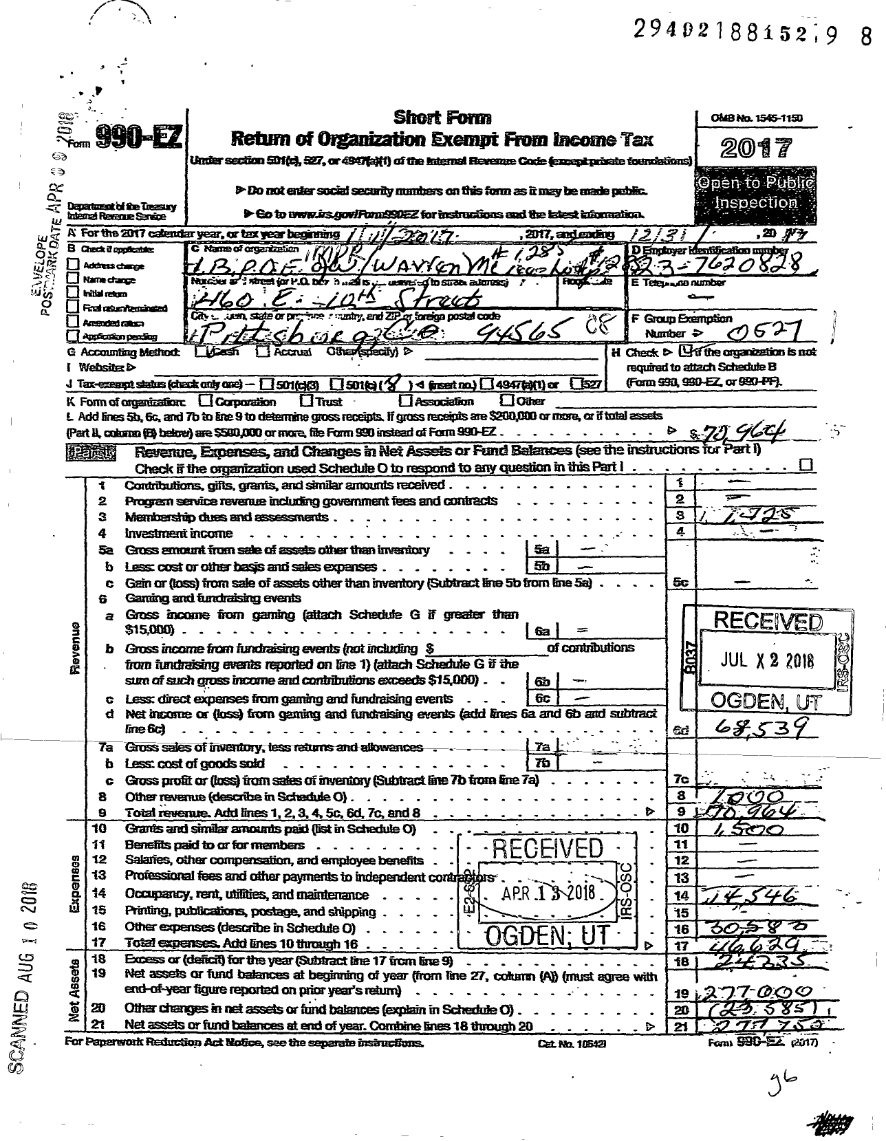 Image of first page of 2017 Form 990EO for Improved Benevolent and Protective Order of Elks of the World - 1285 Warren McCree Lodge