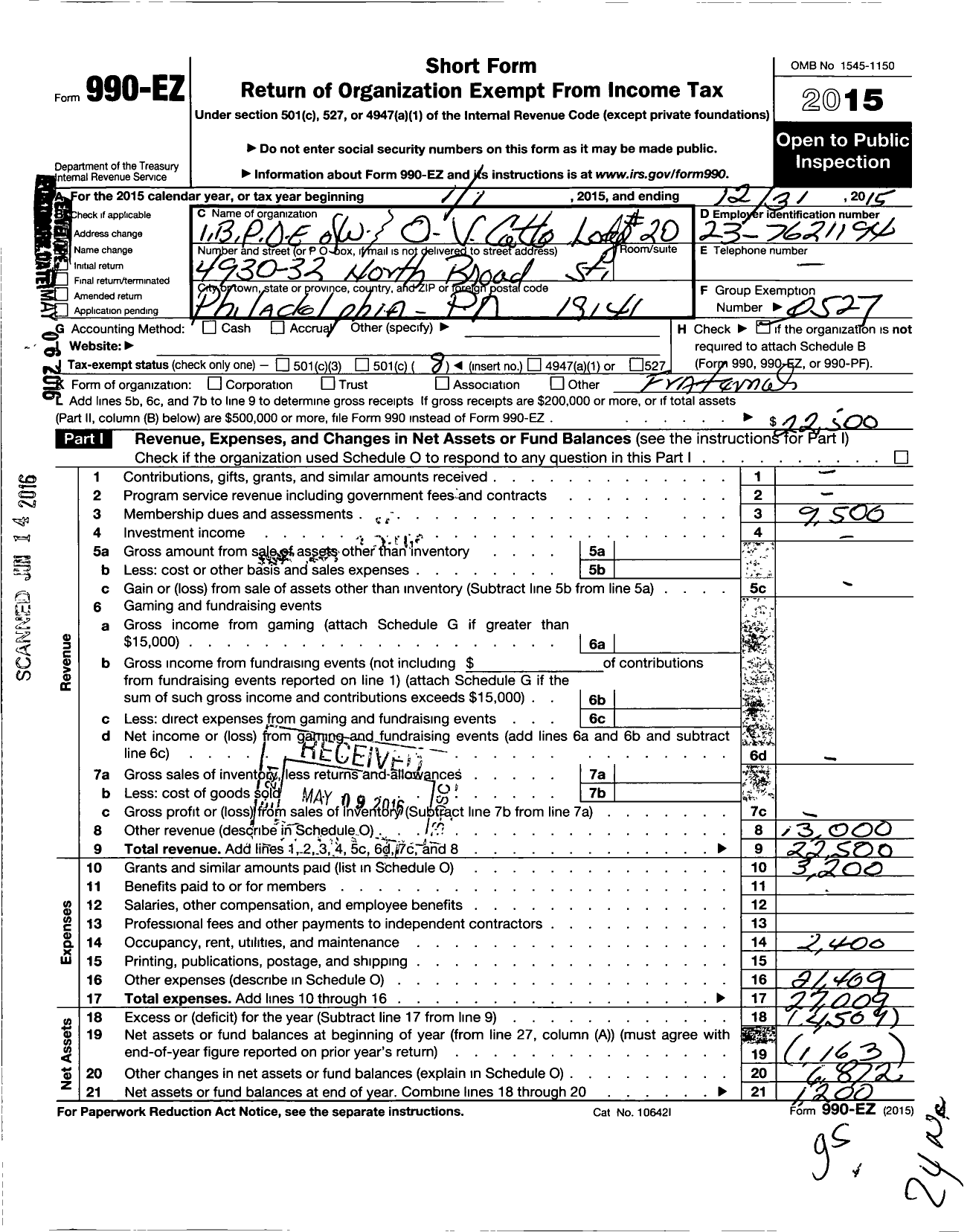 Image of first page of 2015 Form 990EO for Improved Benevolent and Protective Order of Elks of the World - 20 Lodge V Catto