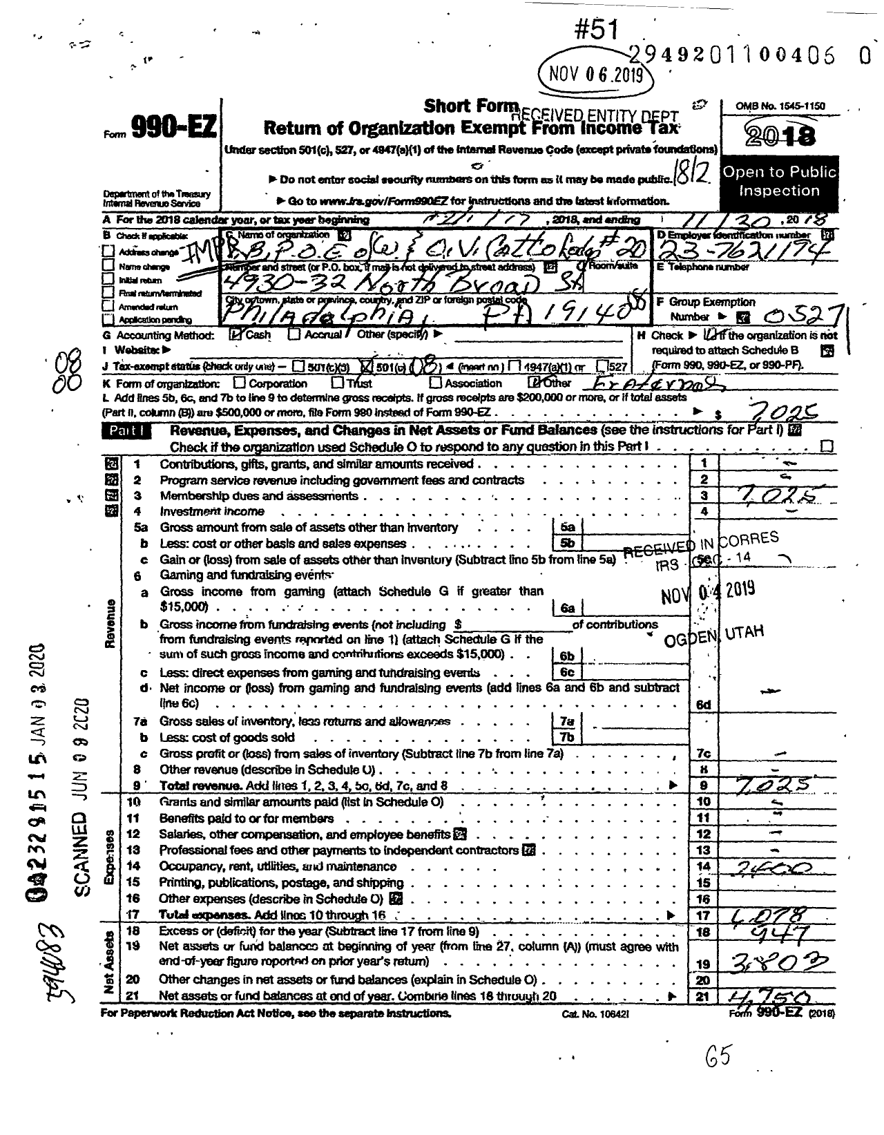 Image of first page of 2018 Form 990EO for Improved Benevolent and Protective Order of Elks of the World - 20 Lodge V Catto