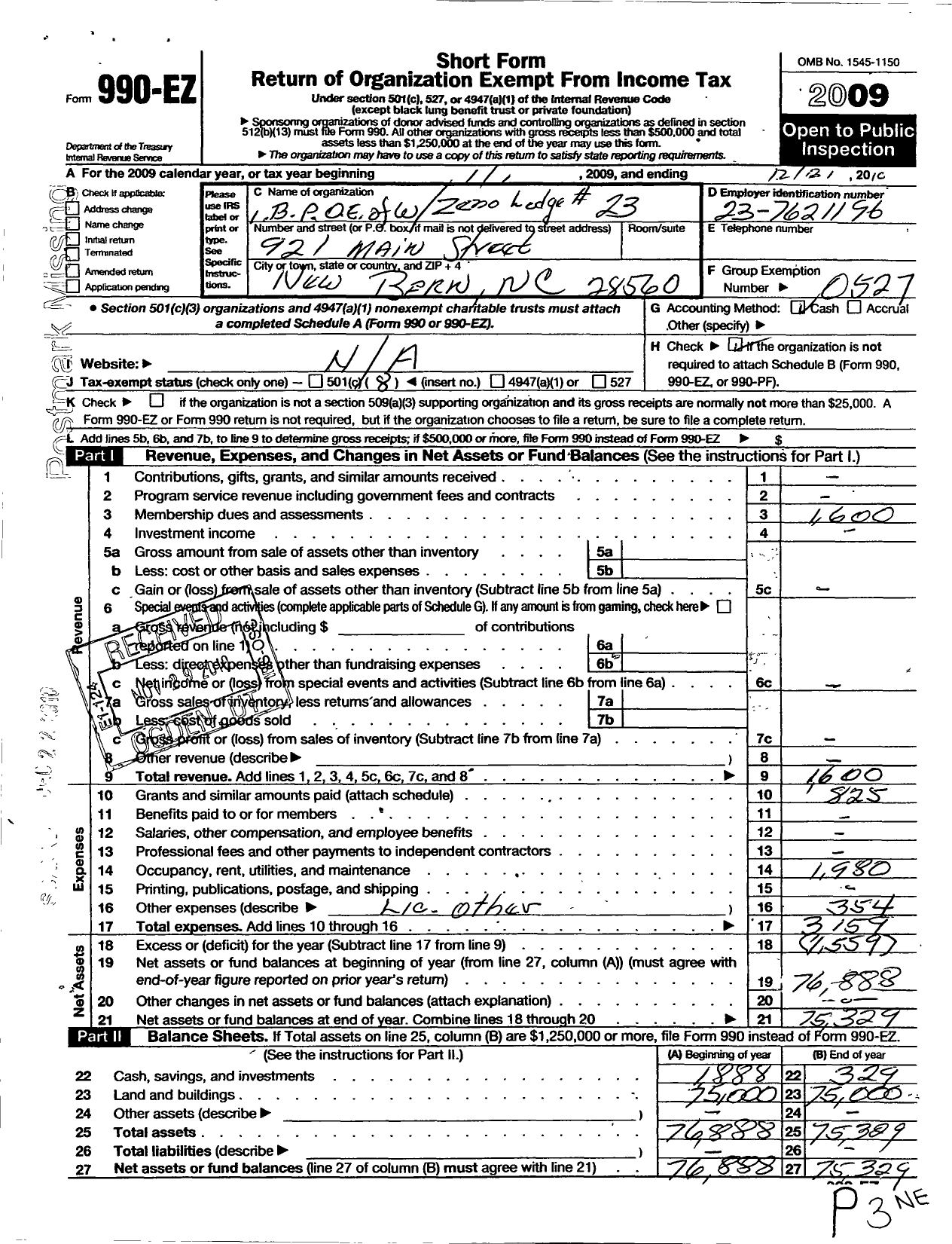 Image of first page of 2009 Form 990EO for Improved Benevolent and Protective Order of Elks of the World - 23 Zeno Lodge