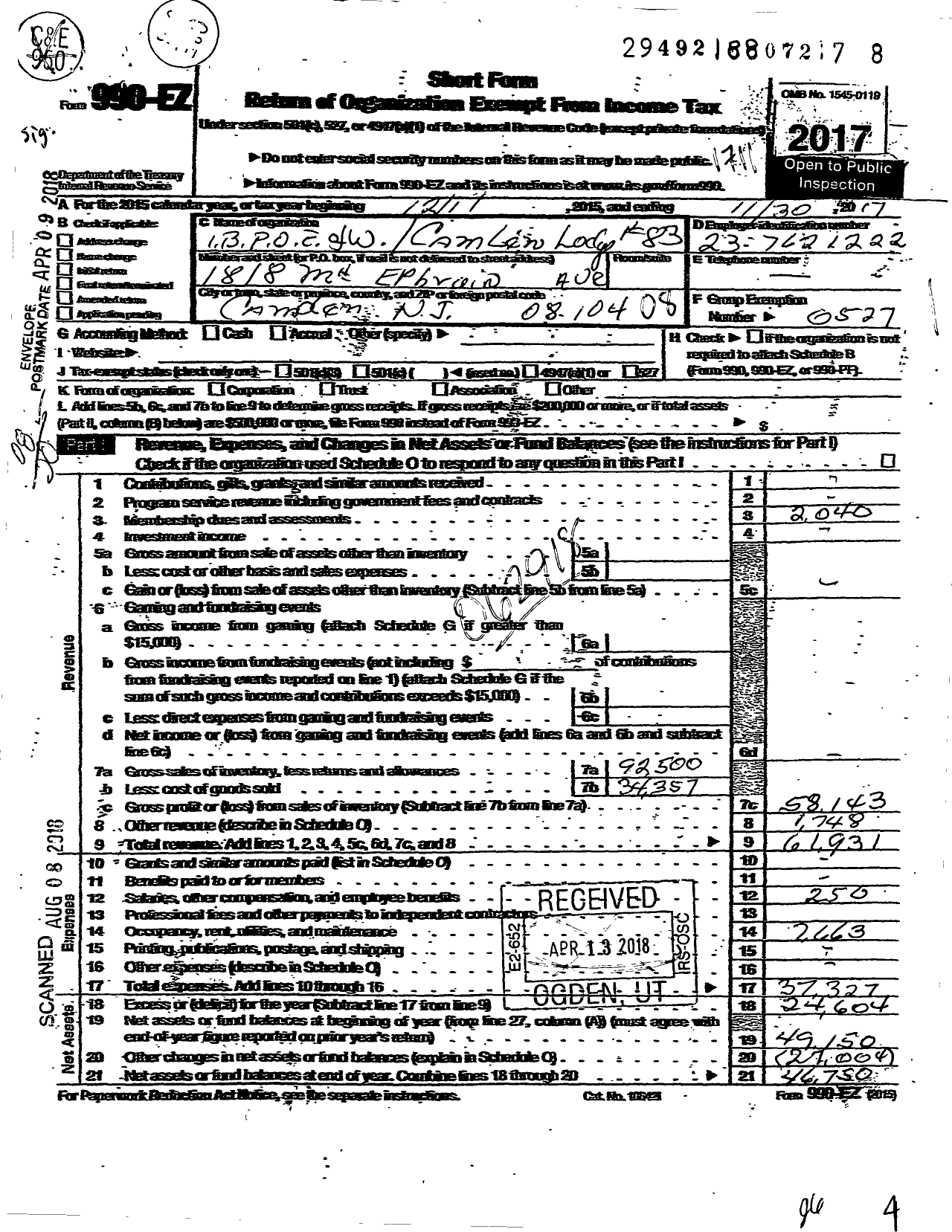 Image of first page of 2016 Form 990EO for Improved Benevolent and Protective Order of Elks of the World - Pride of Camden Lodge Ibpoe 83