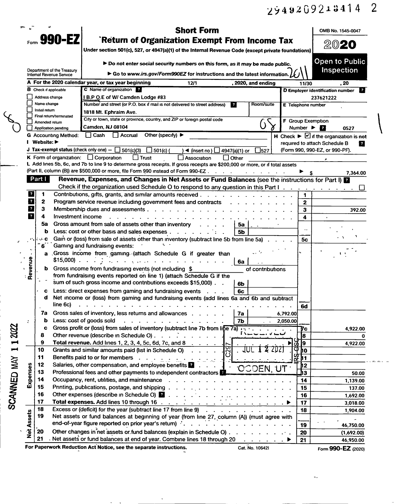 Image of first page of 2019 Form 990EO for Improved Benevolent and Protective Order of Elks of the World - Pride of Camden Lodge Ibpoe 83