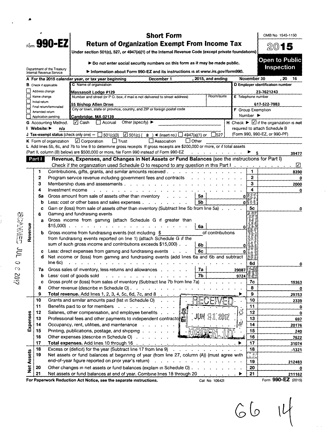 Image of first page of 2015 Form 990EO for Massasoit Lodge 129