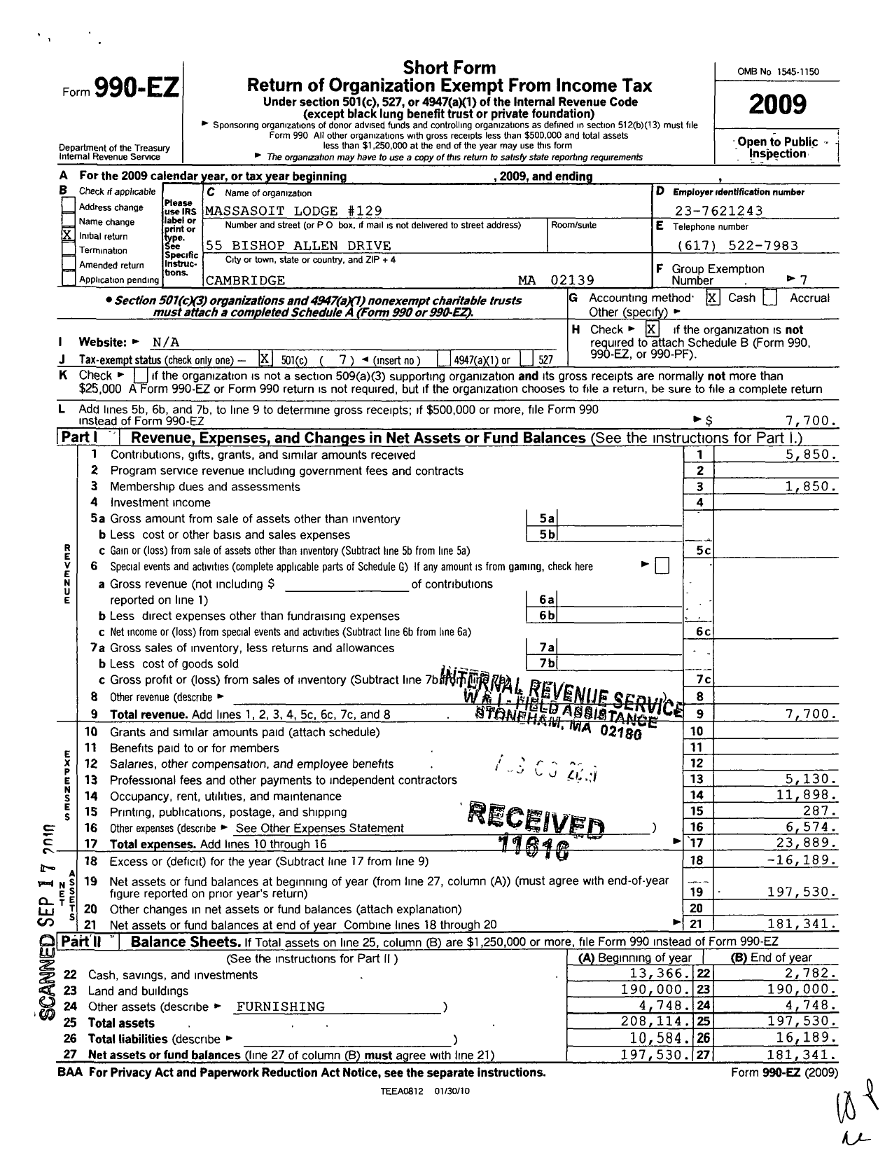 Image of first page of 2009 Form 990O for Massasoit Lodge 129