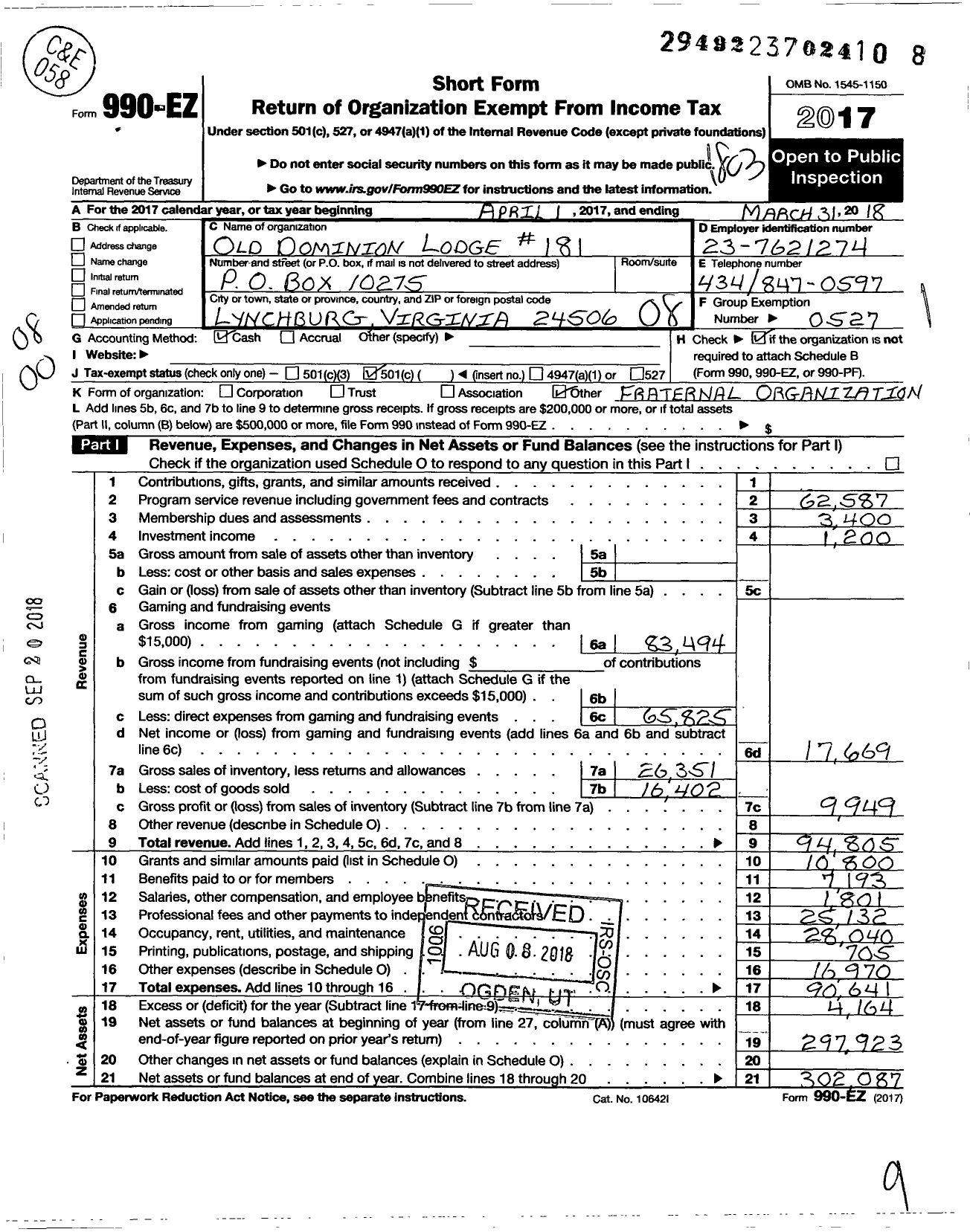 Image of first page of 2017 Form 990EO for Improved Benevolent and Protective Order of Elks of the World - 181 Old Dominion Lodge