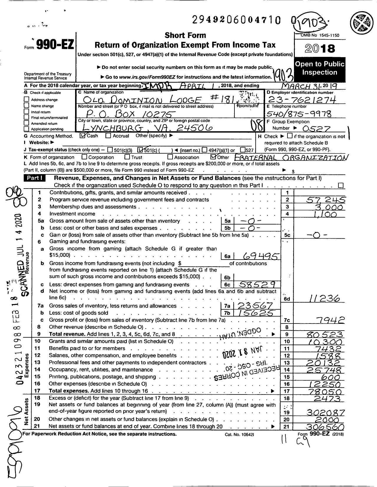 Image of first page of 2018 Form 990EO for Improved Benevolent and Protective Order of Elks of the World - 181 Old Dominion Lodge