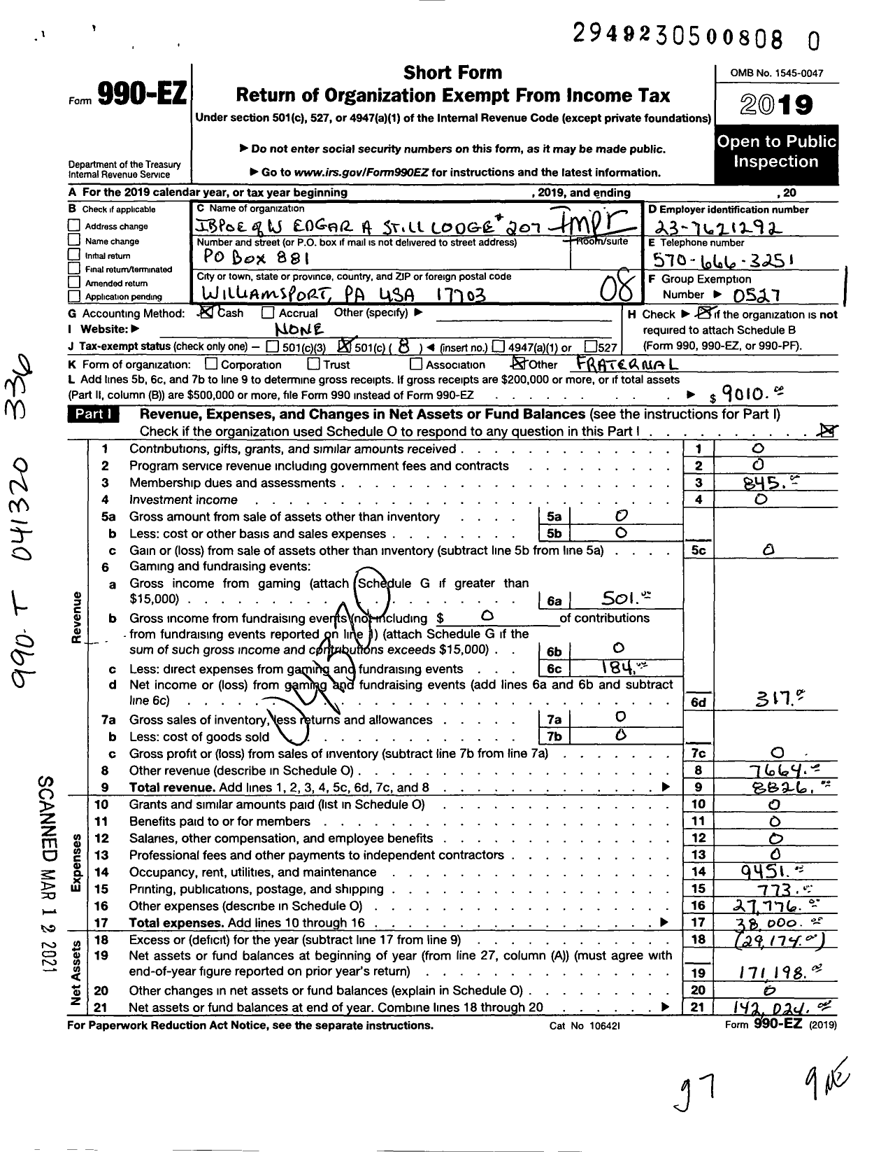 Image of first page of 2019 Form 990EO for Improved Benevolent and Protective Order of Elks of the World - 207 Edgar A Still BPOE