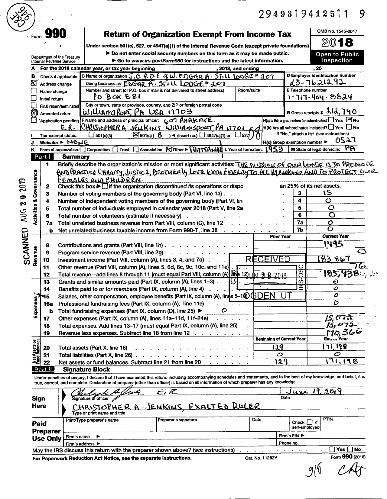 Image of first page of 2018 Form 990O for Improved Benevolent and Protective Order of Elks of the World - 207 Edgar A Still BPOE