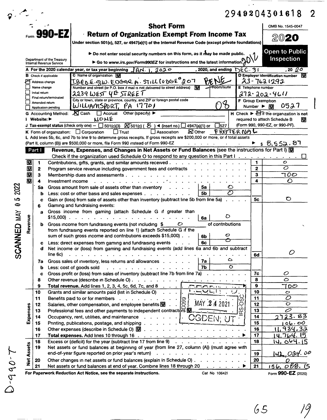 Image of first page of 2020 Form 990EO for Improved Benevolent and Protective Order of Elks of the World - 207 Edgar A Still BPOE