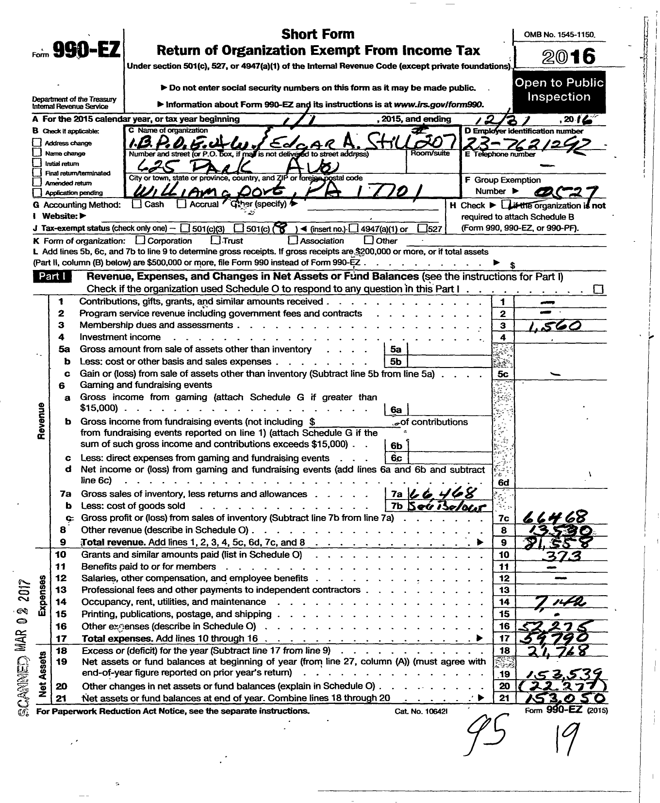 Image of first page of 2016 Form 990EO for Improved Benevolent and Protective Order of Elks of the World - 207 Edgar A Still BPOE